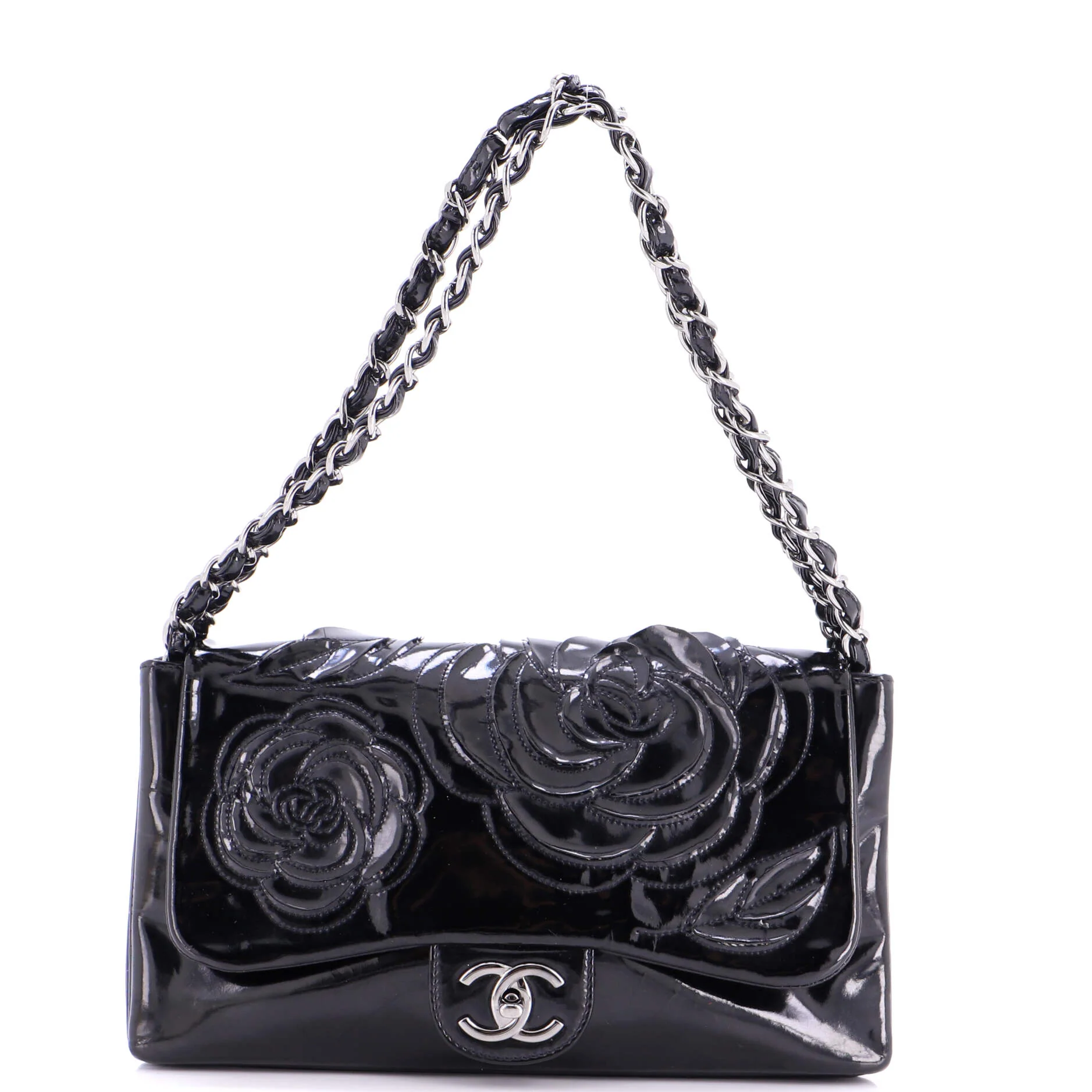 Tweed Petals Camellia Flap Bag Patent Medium