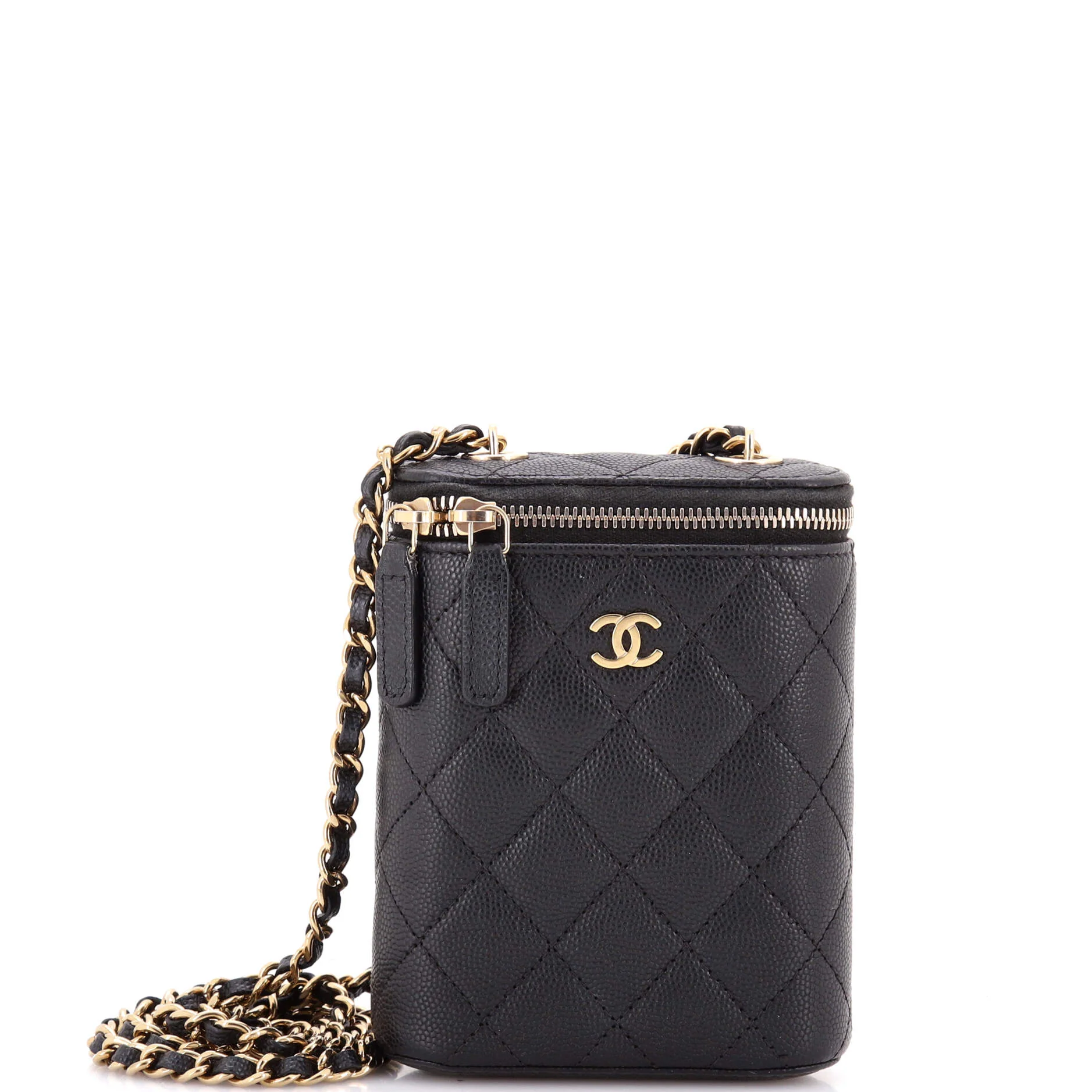 Vertical Classic Vanity Case with Chain Quilted Caviar Small