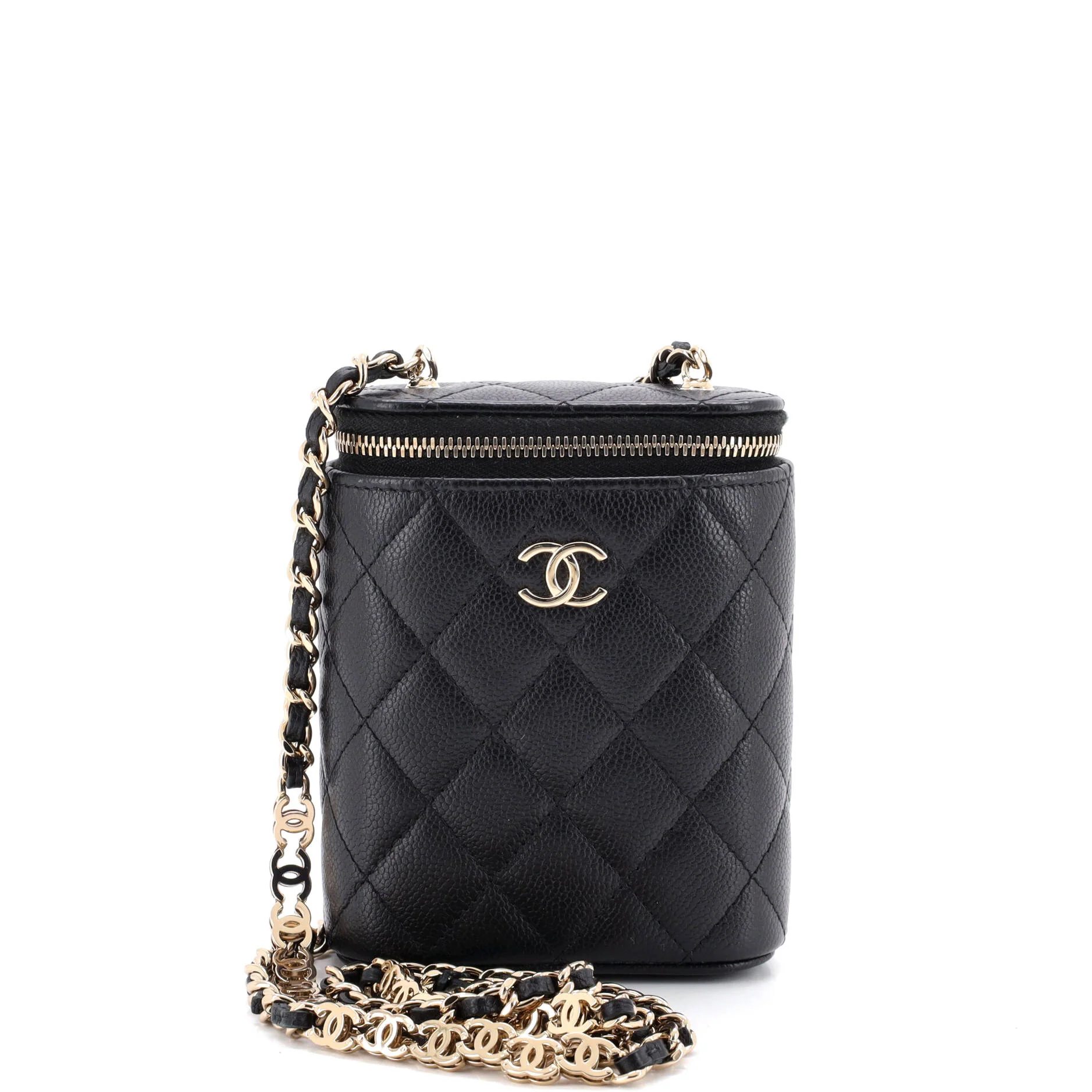 Vertical Classic Vanity Case with Chain Quilted Caviar Small