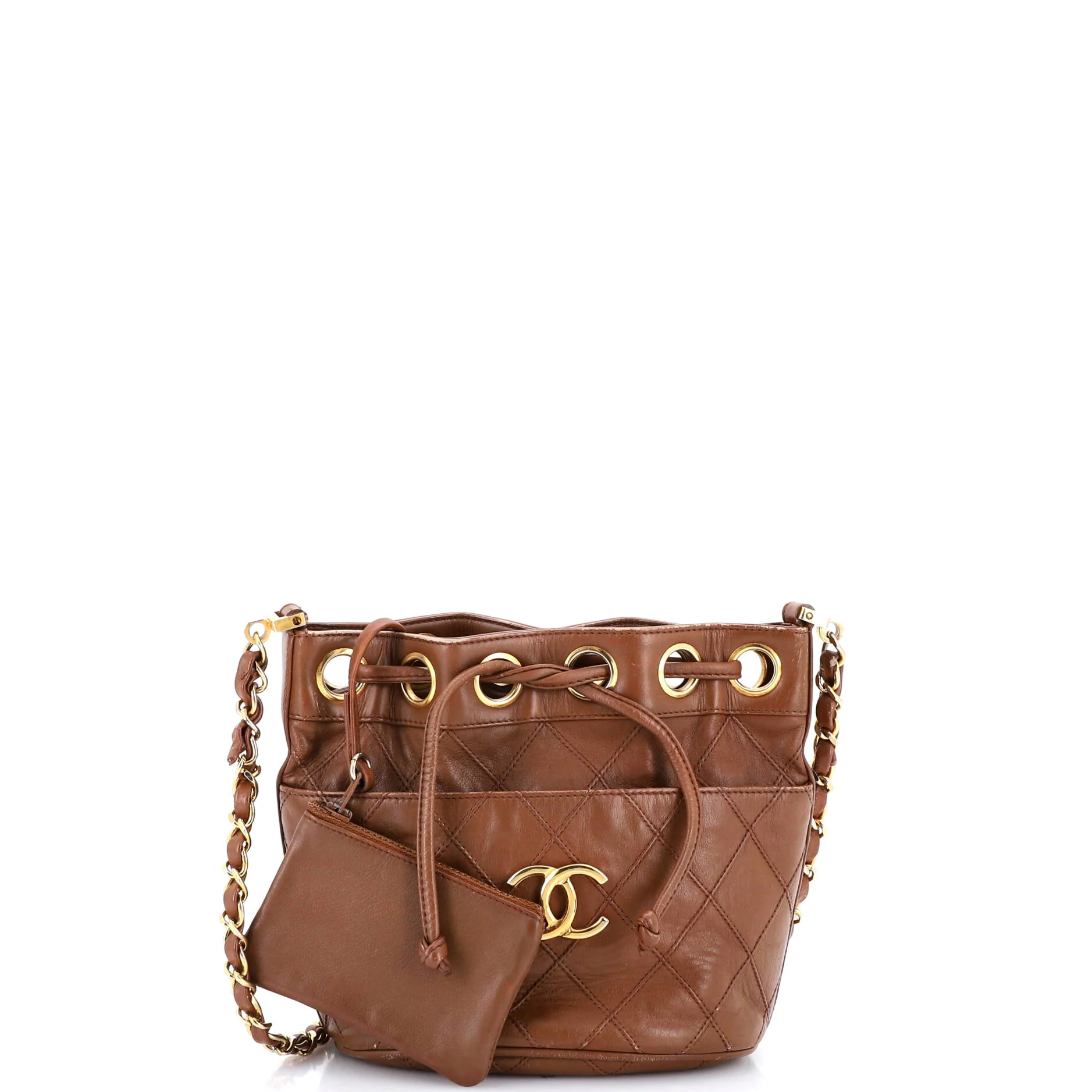Vintage Diamond Stitch Drawstring Bucket Bag Quilted Lambskin Mini