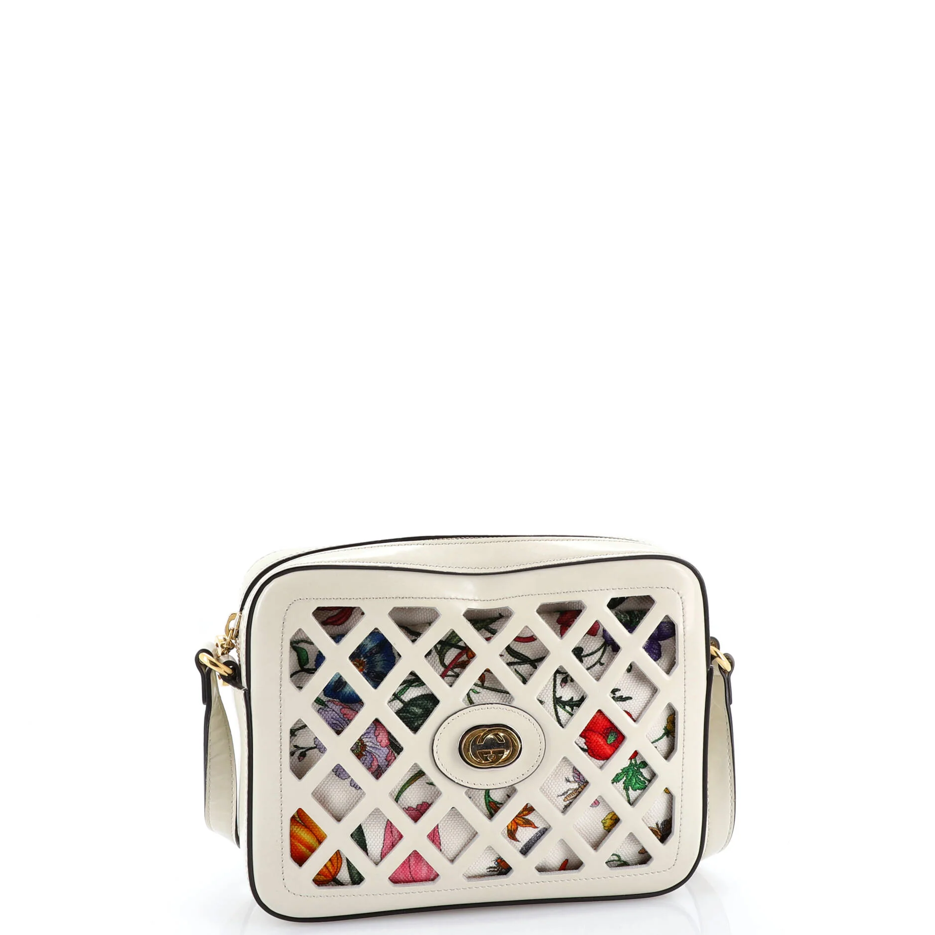 Camera Crossbody Bag Cutout Leather with Flora Canvas Small - Image 2