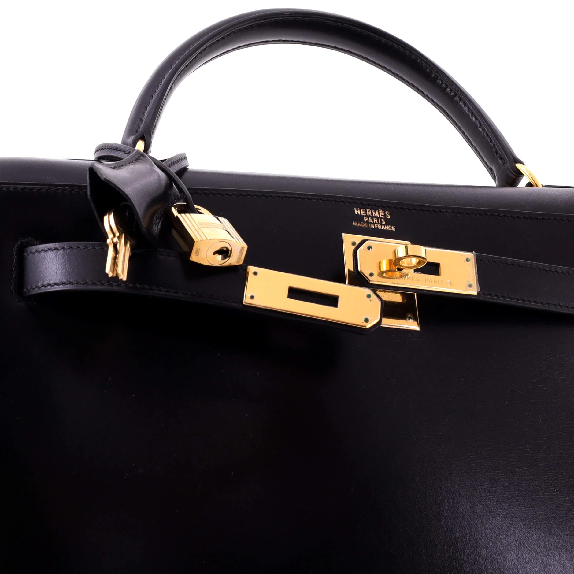 Kelly Handbag Noir Box Calf with Gold Hardware 32 - Image 7