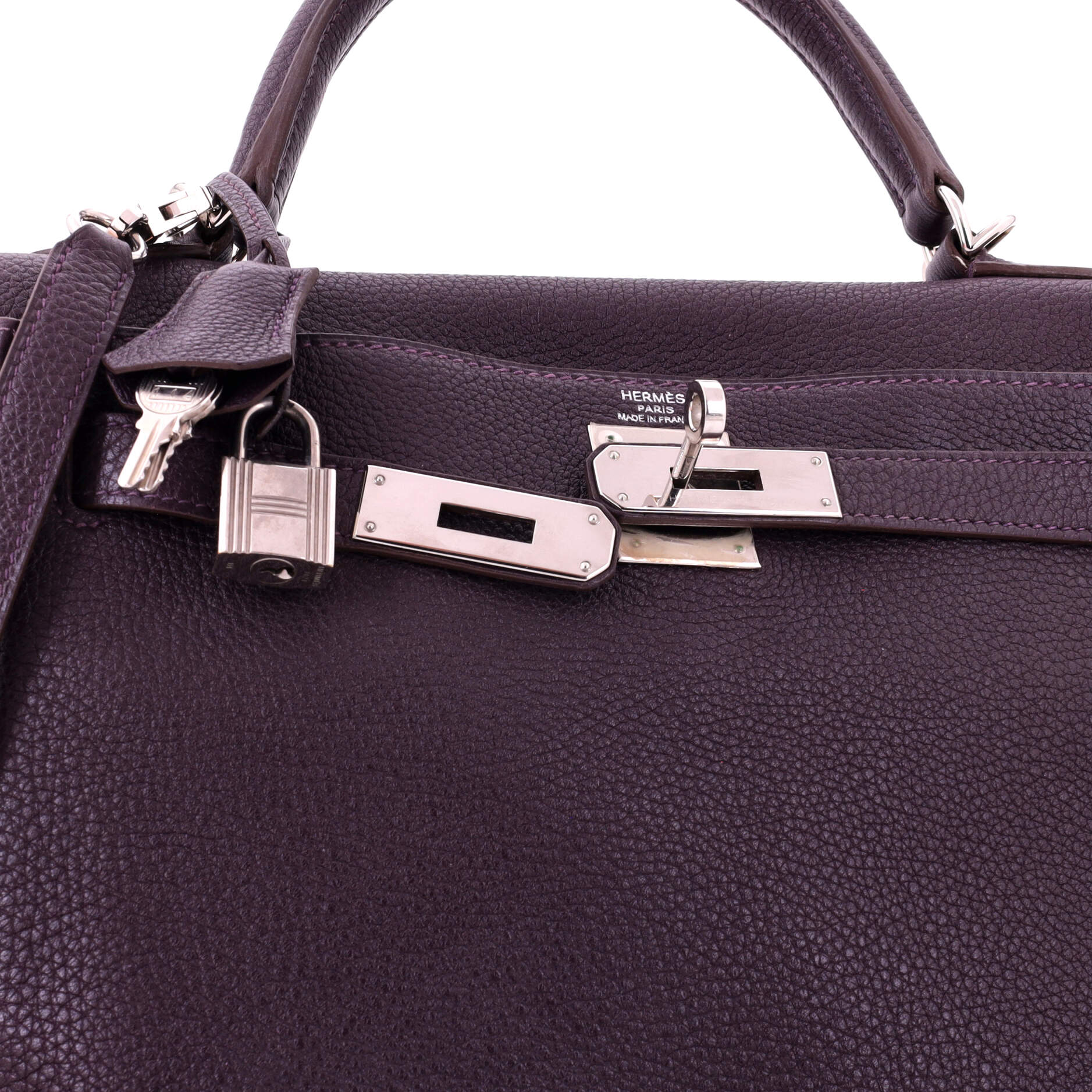 Kelly Handbag Raisin Togo with Palladium Hardware 28 - Image 7