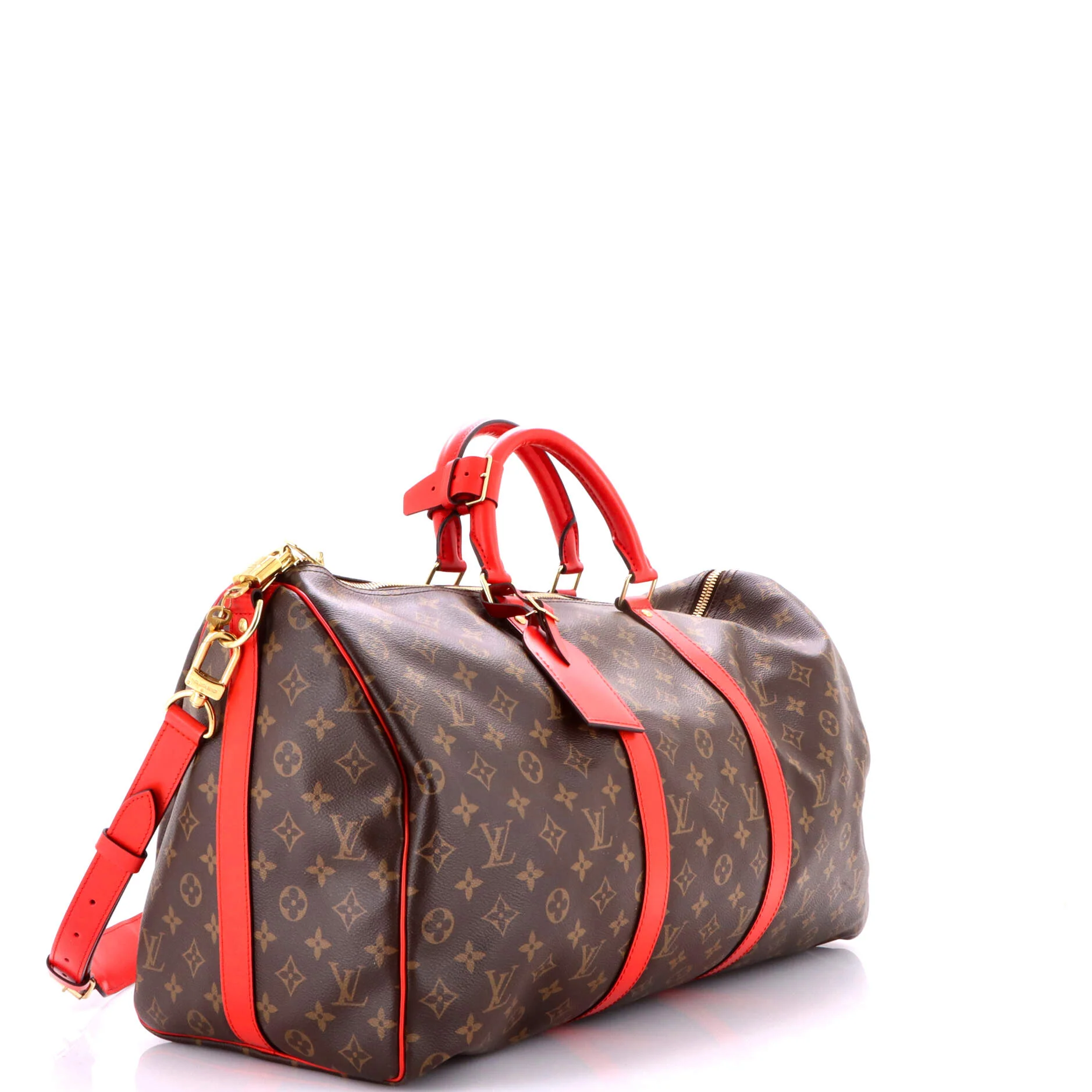 Keepall Bandouliere Bag Monogram Canvas with Coquelicot Leather Trim 50 - Image 2