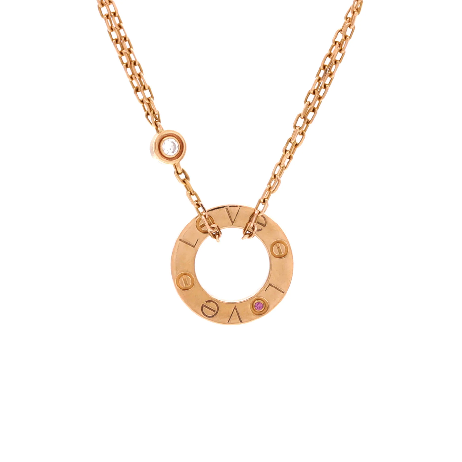 2 Diamonds Love Pendant Necklace 18K Rose Gold with Pink Sapphire and Diamond