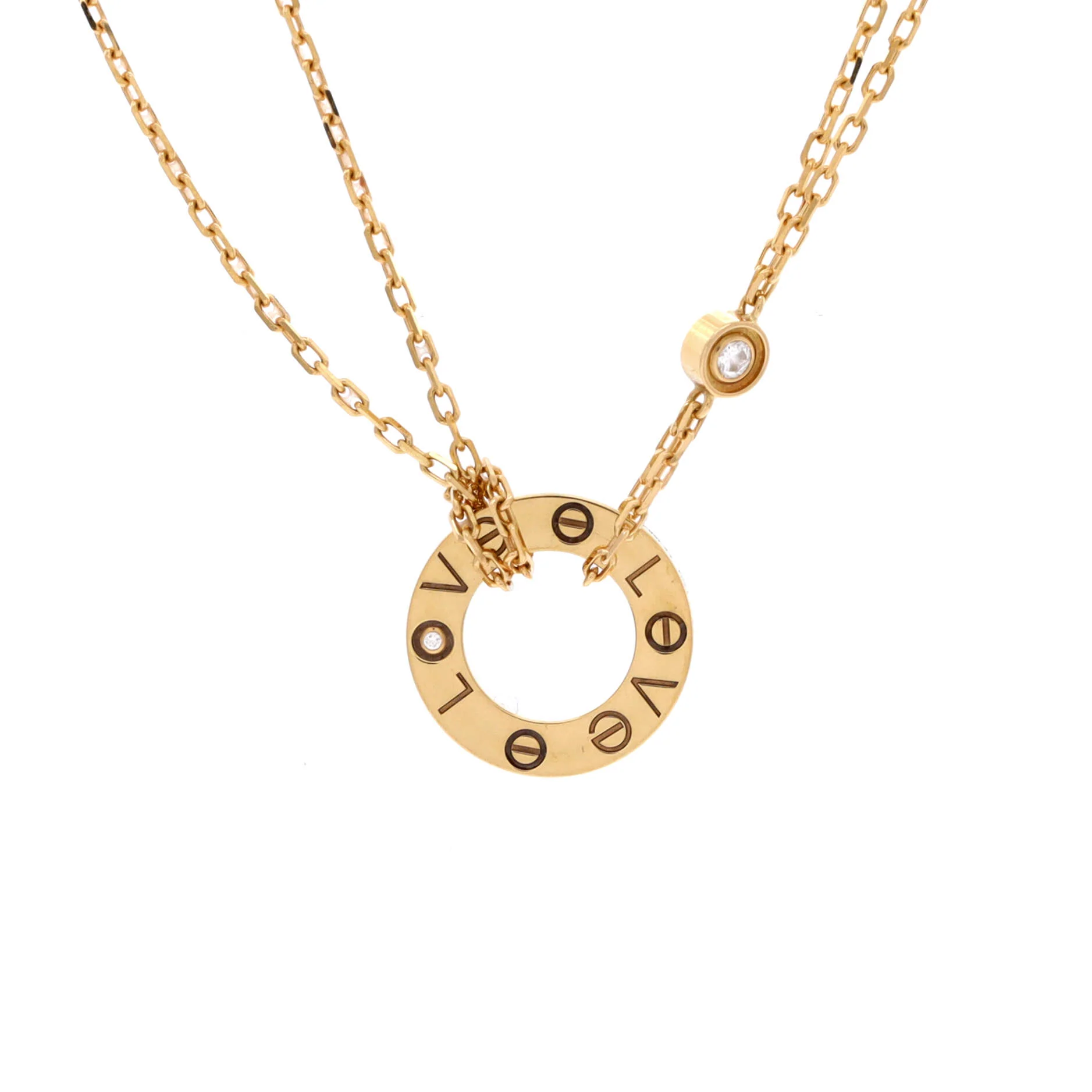2 Diamonds Love Pendant Necklace 18K Yellow Gold and Diamonds
