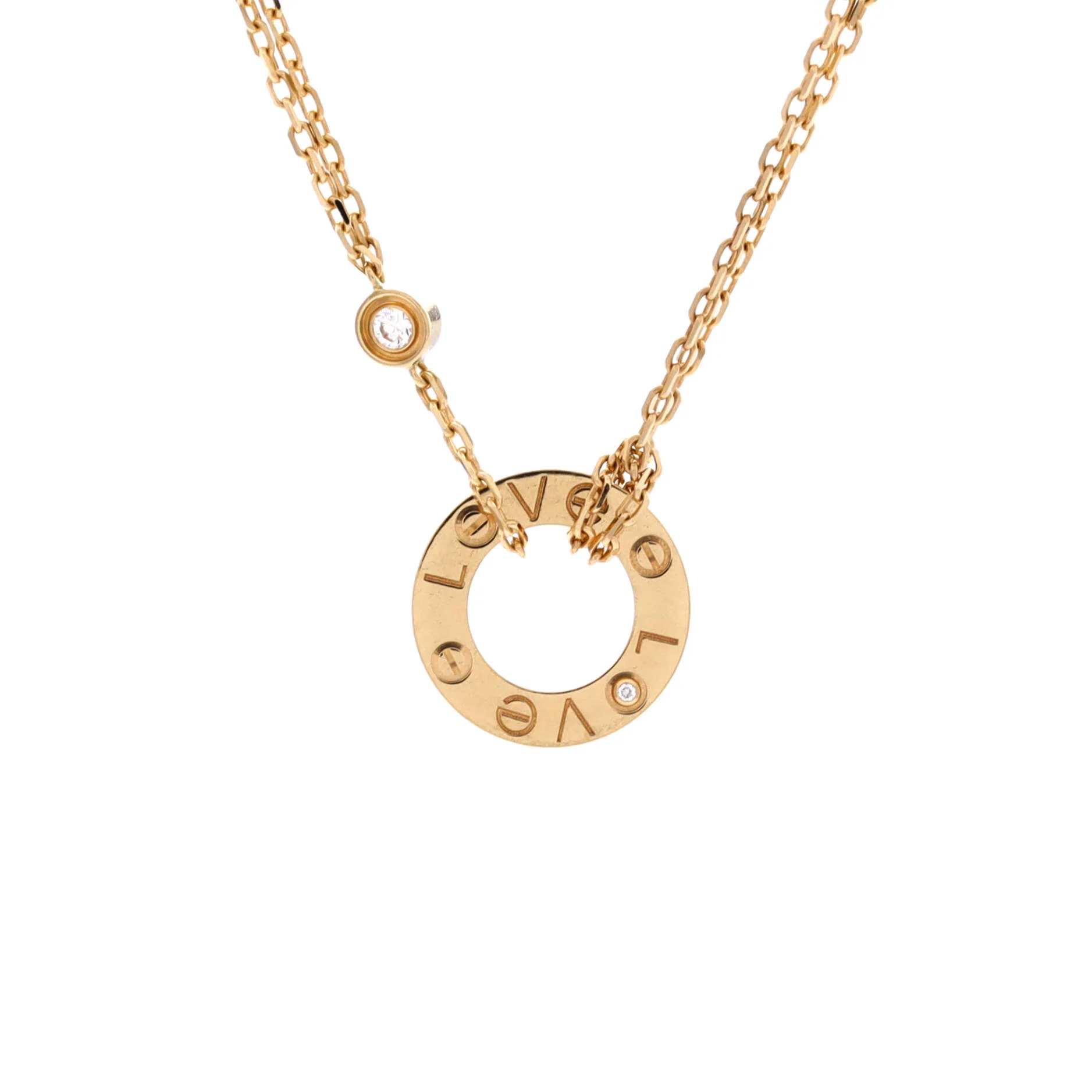 2 Diamonds Love Pendant Necklace 18K Yellow Gold and Diamonds