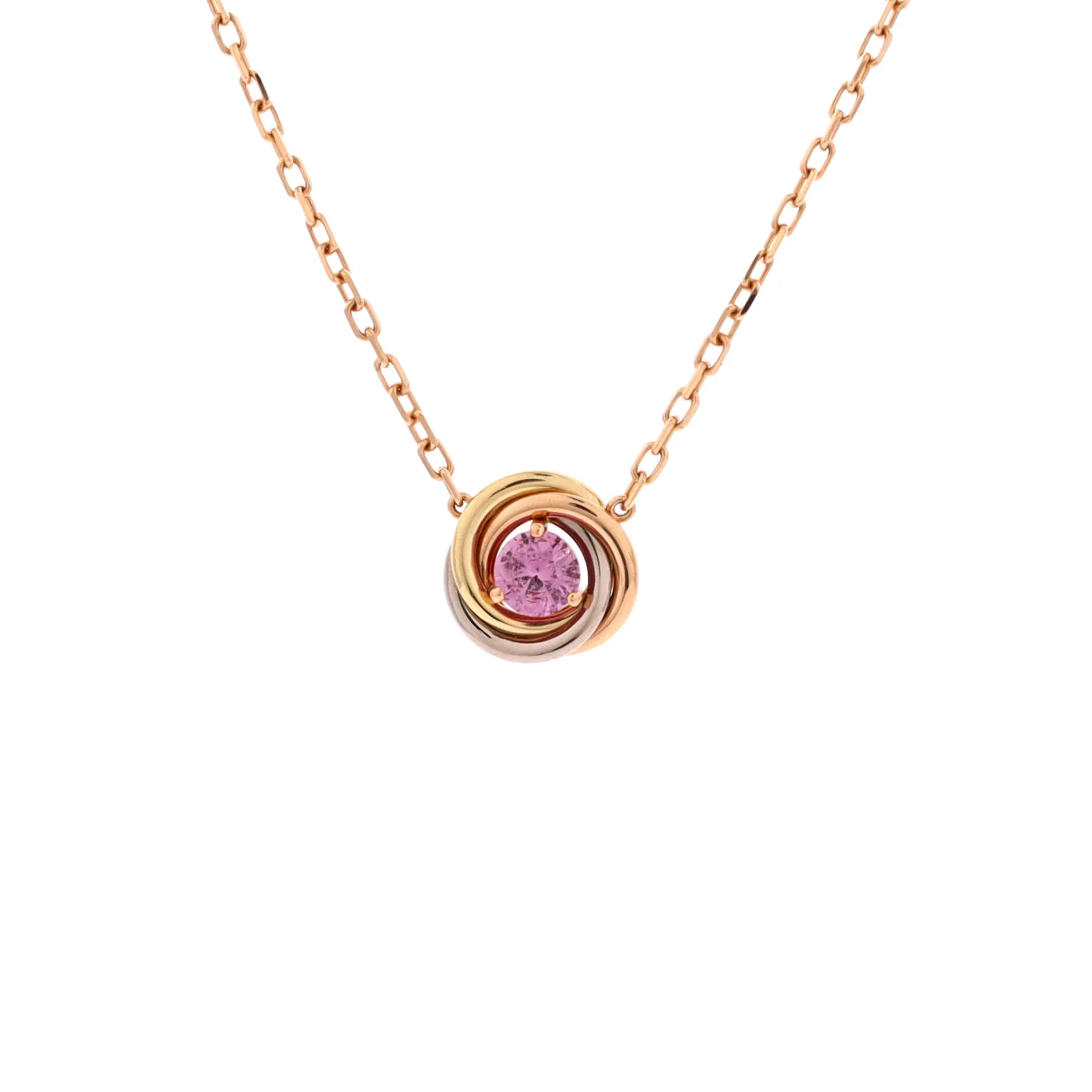 Trinity Diamond Pendant Necklace 18K Tricolor Gold and Pink Sapphire