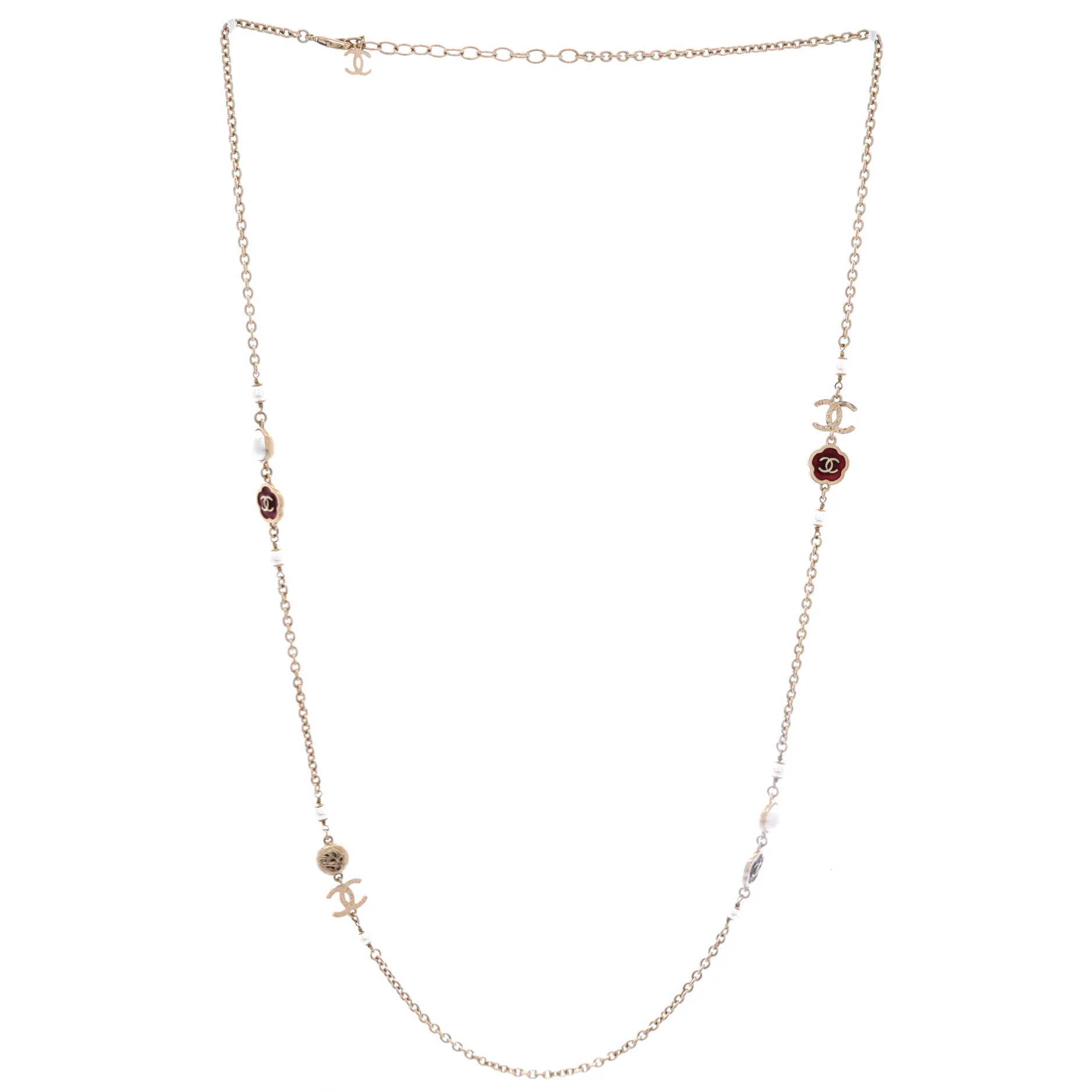 CC Camellia Station Long Necklace Metal with Faux Pearls and Resin