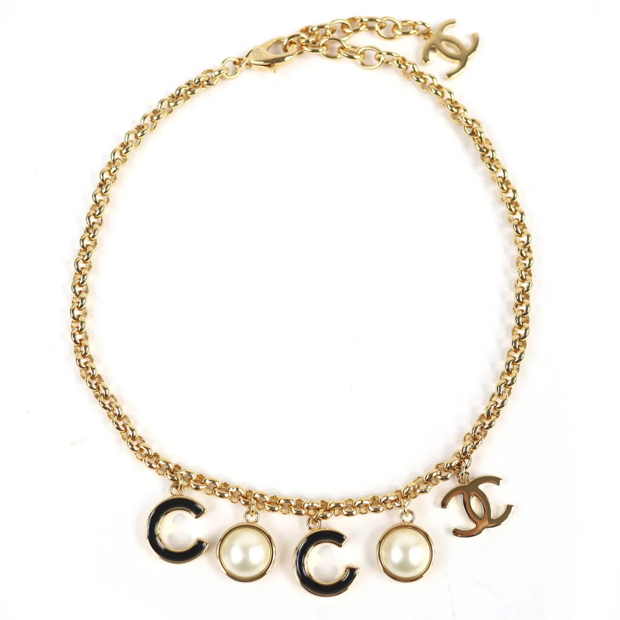 Pendant Necklace Metal Black and Gold Faux Pearl