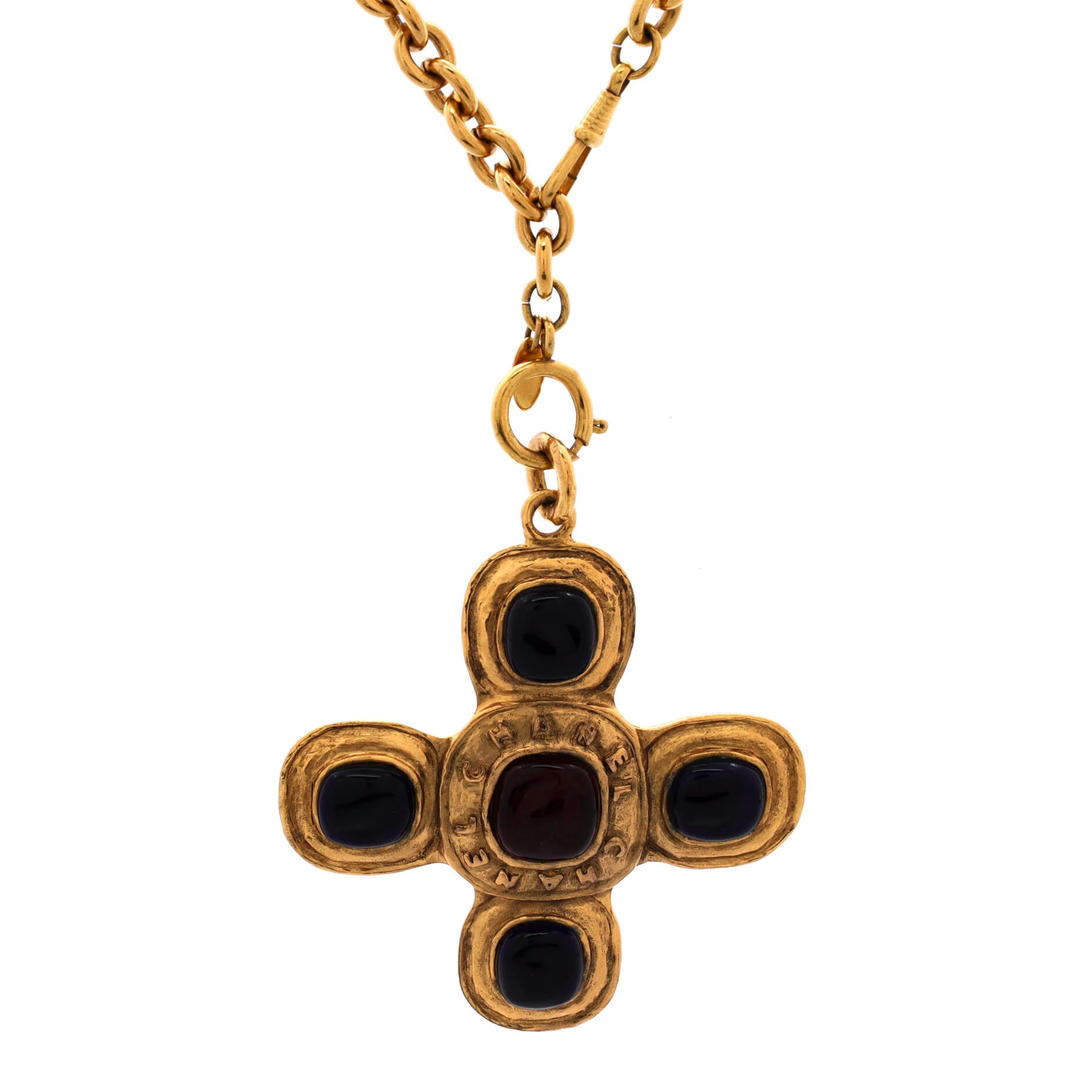Vintage CC Cross Pendant Necklace Metal with Gripoix