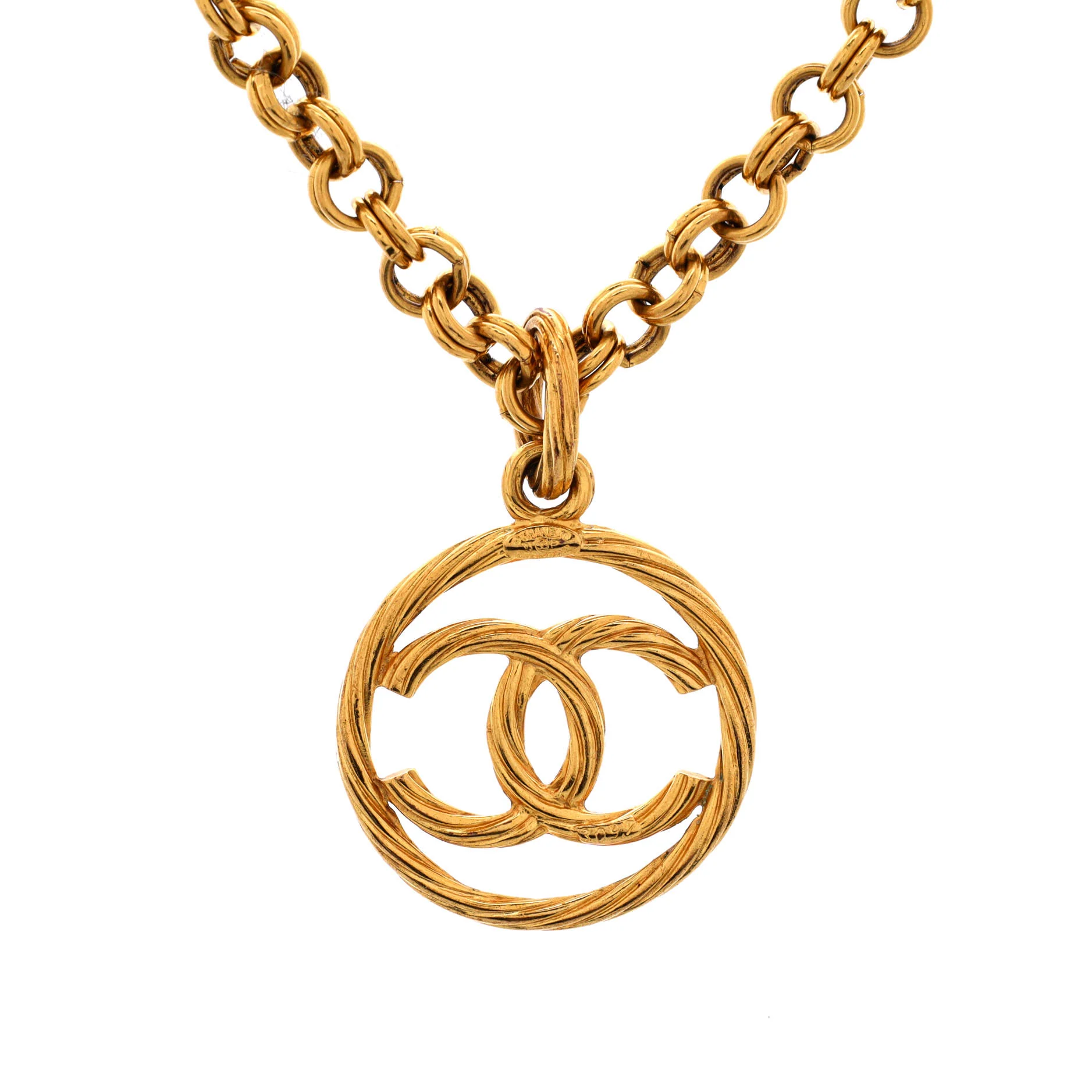 Vintage CC Round Pendant Long Necklace Metal
