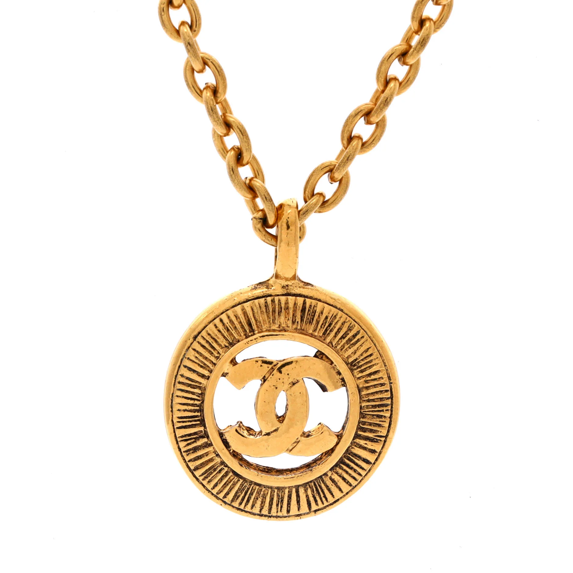 Vintage CC Round Pendant Long Necklace Metal