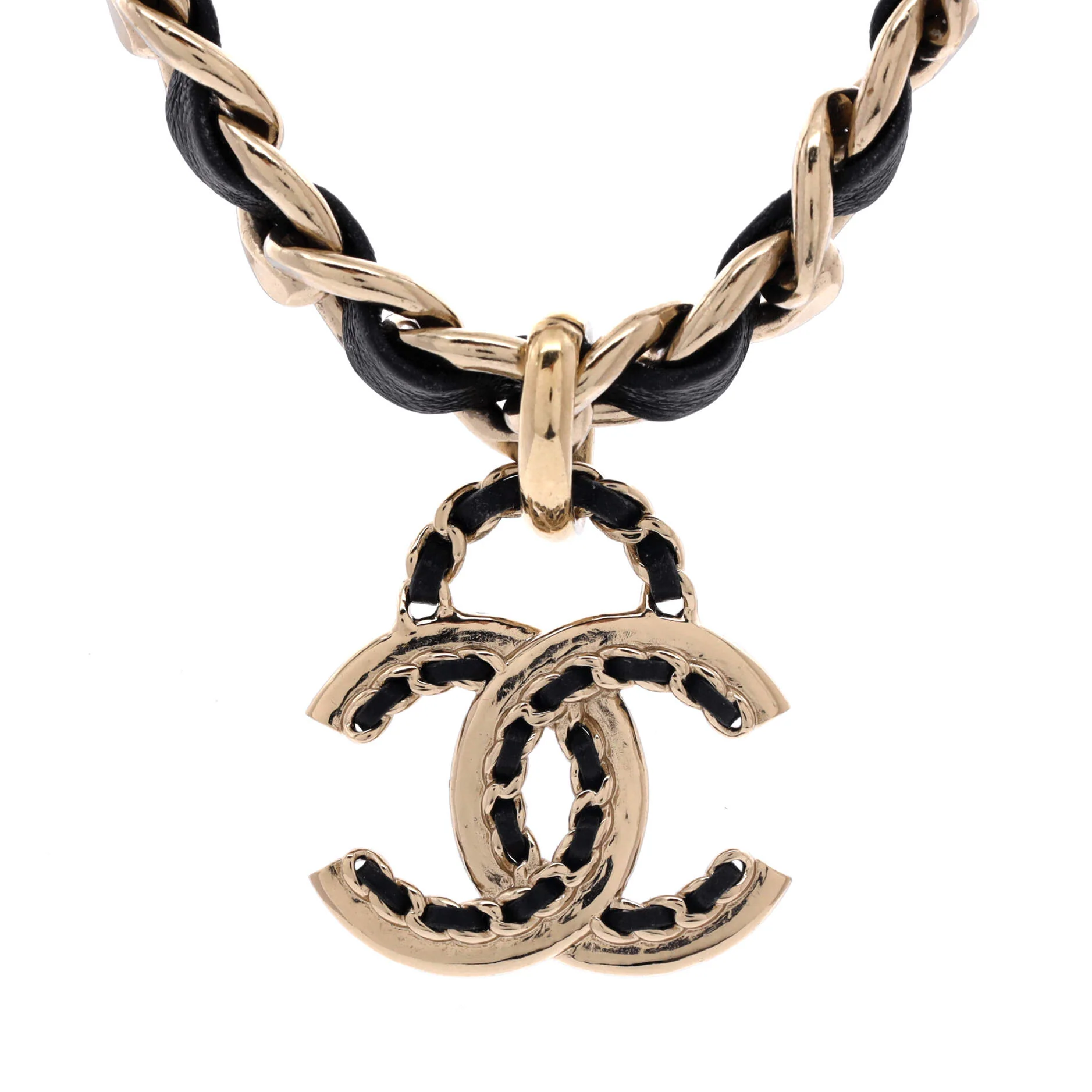 Woven Chain CC Pendant Chunky Choker Necklace Metal and Leather