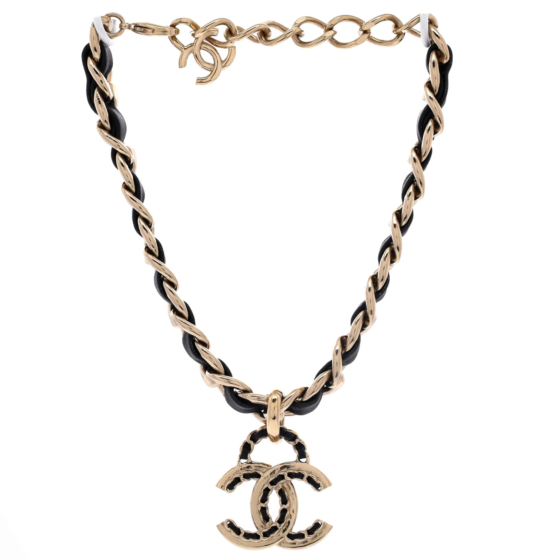 Woven Chain CC Pendant Chunky Choker Necklace Metal and Leather - Image 2