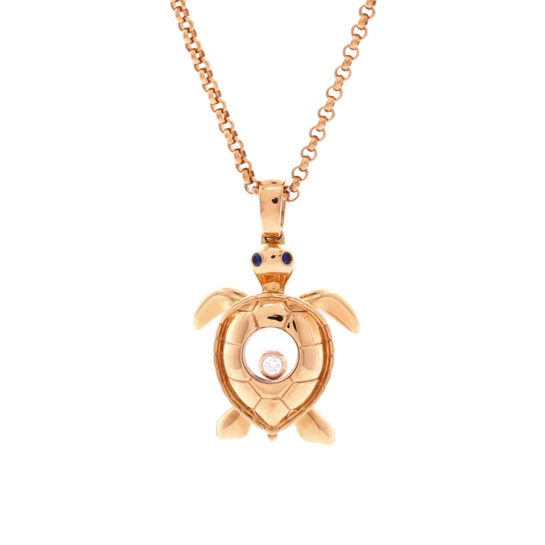 Happy Turtle Pendant Necklace 18K Rose Gold with Blue Sapphires and 1 Floating Diamond