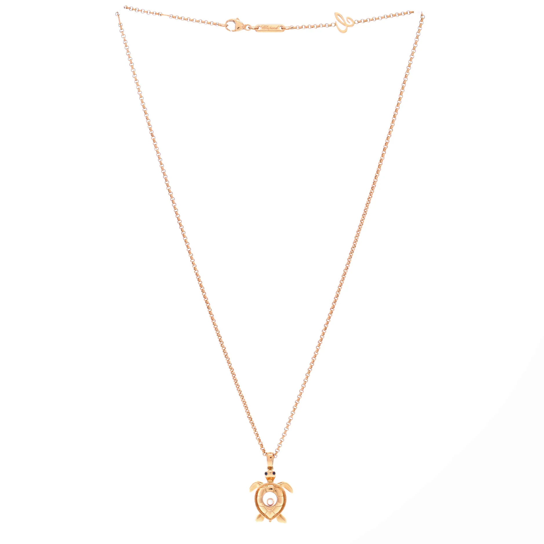 Happy Turtle Pendant Necklace 18K Rose Gold with Blue Sapphires and 1 Floating Diamond - Image 2