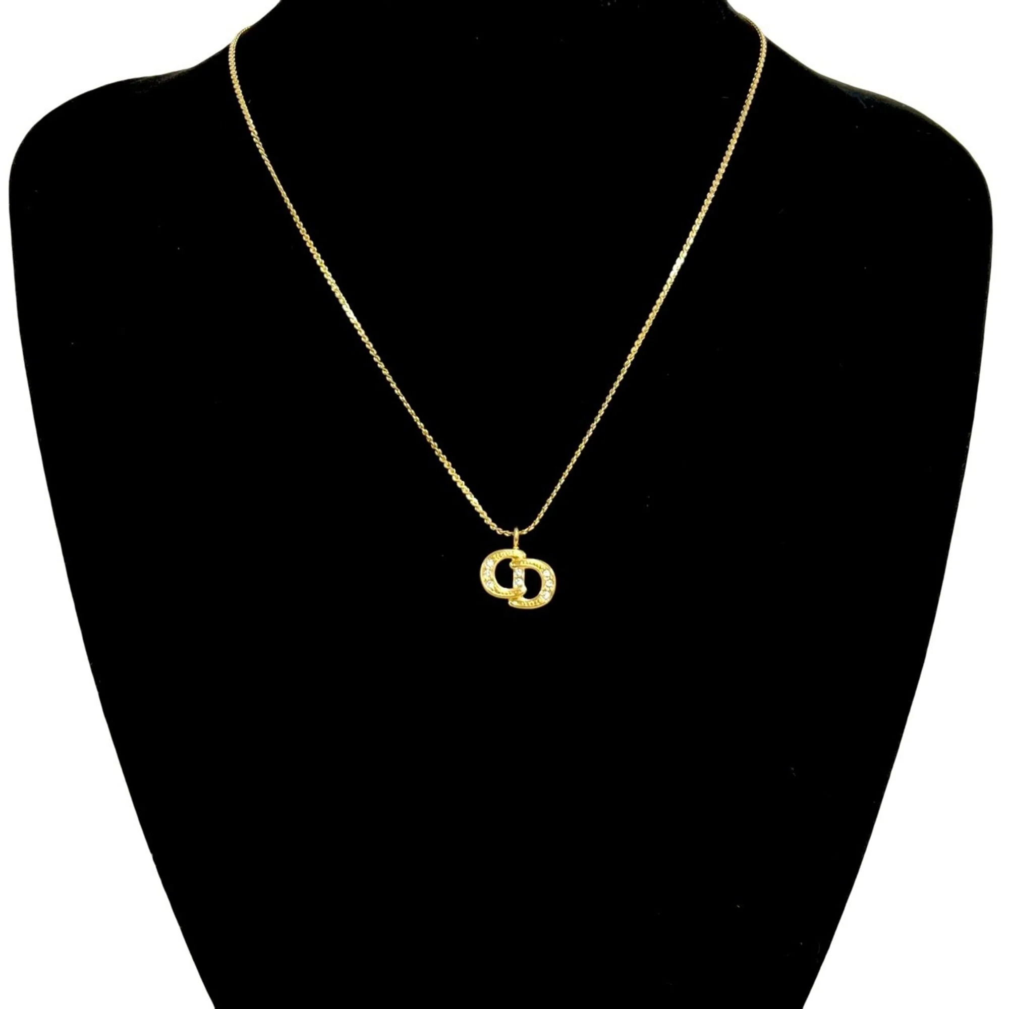 CD Motif Pendant Necklace Gold and Rhinestone - Image 2