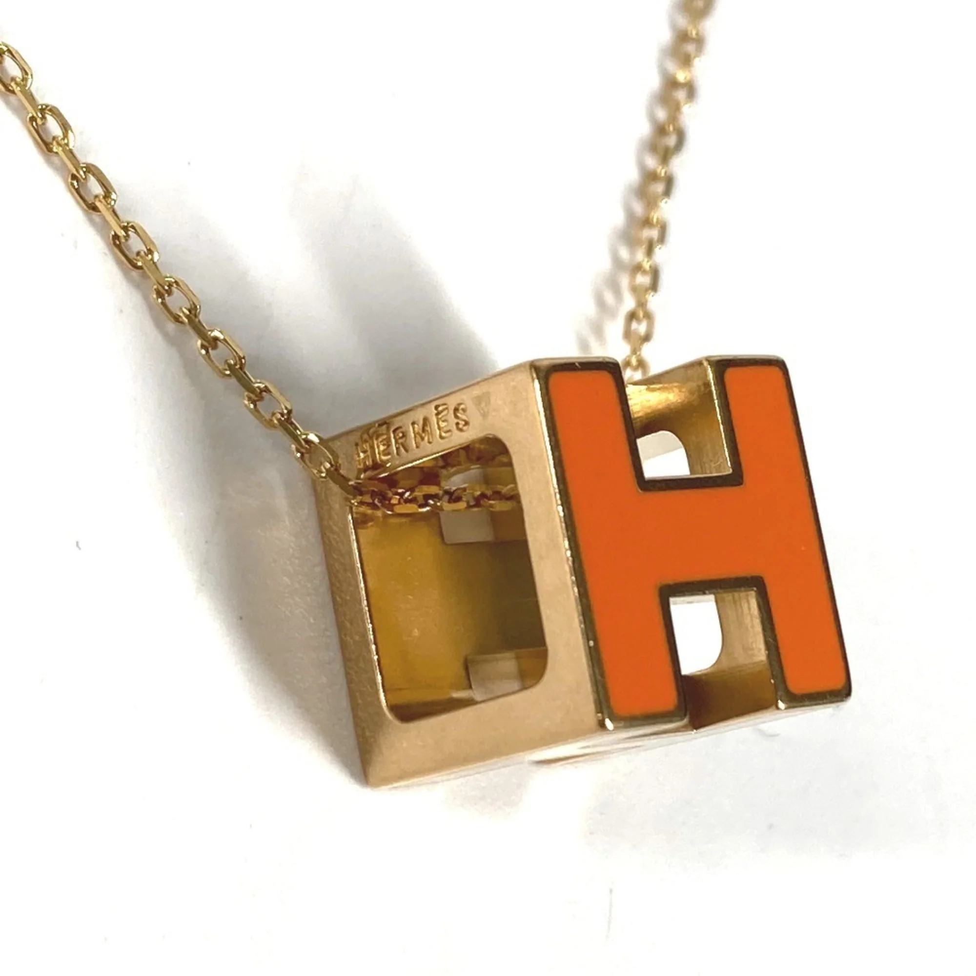 H Cube Pendant Necklace Metal Gold and Orange - Image 3