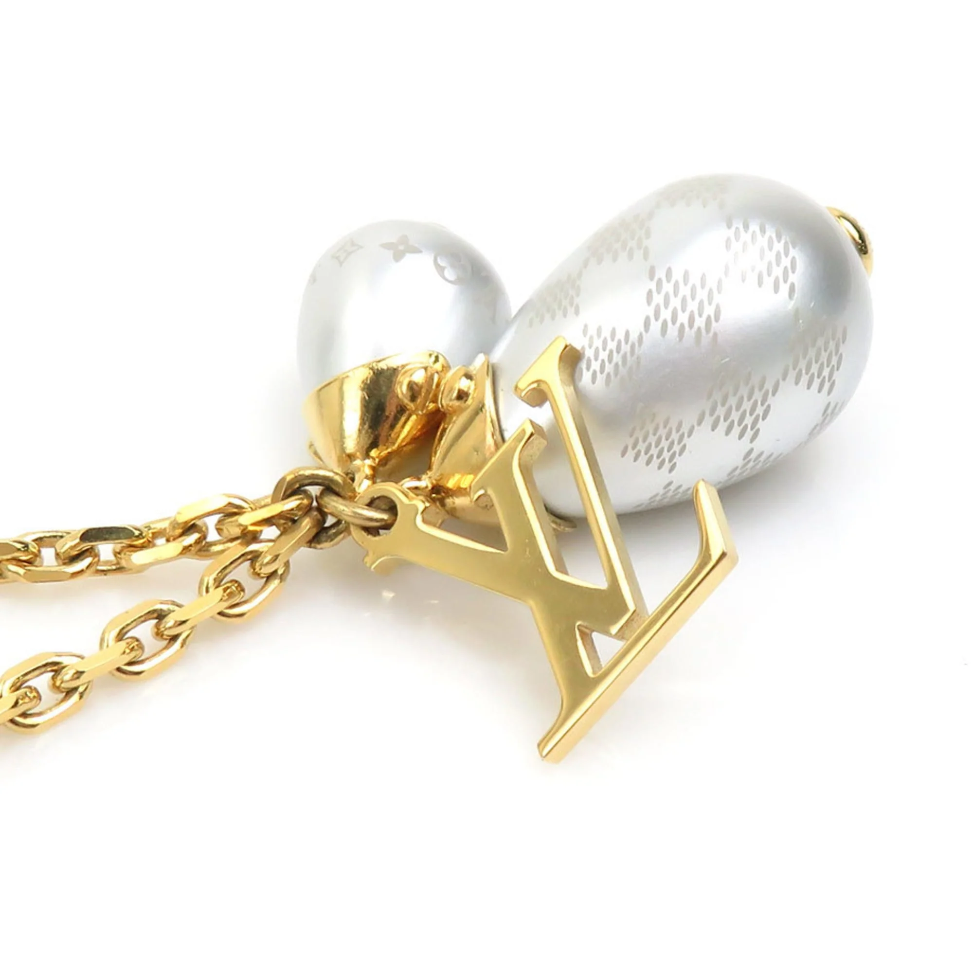 Pendant Necklace Metal Gold and White Damier Pearl - Image 3