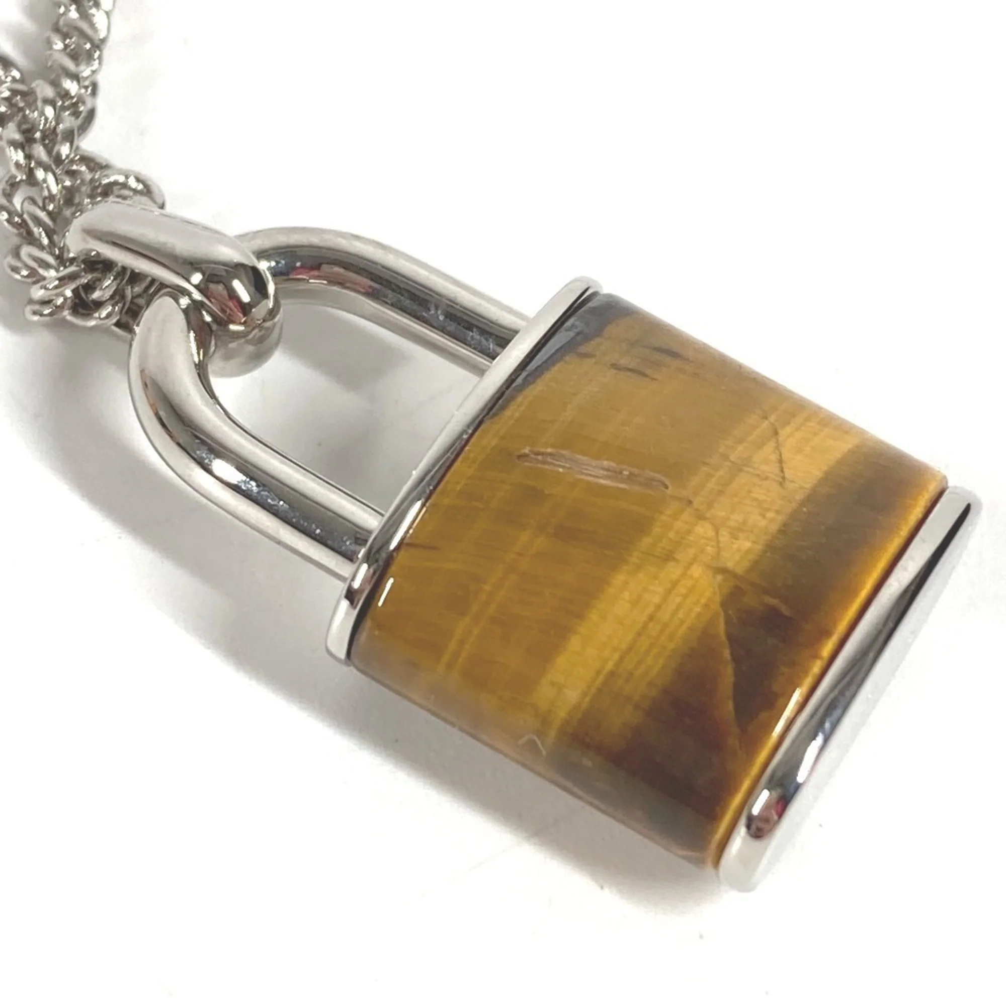 Pendant Necklace Metal with Tiger Eye Brown and Silver - Image 7