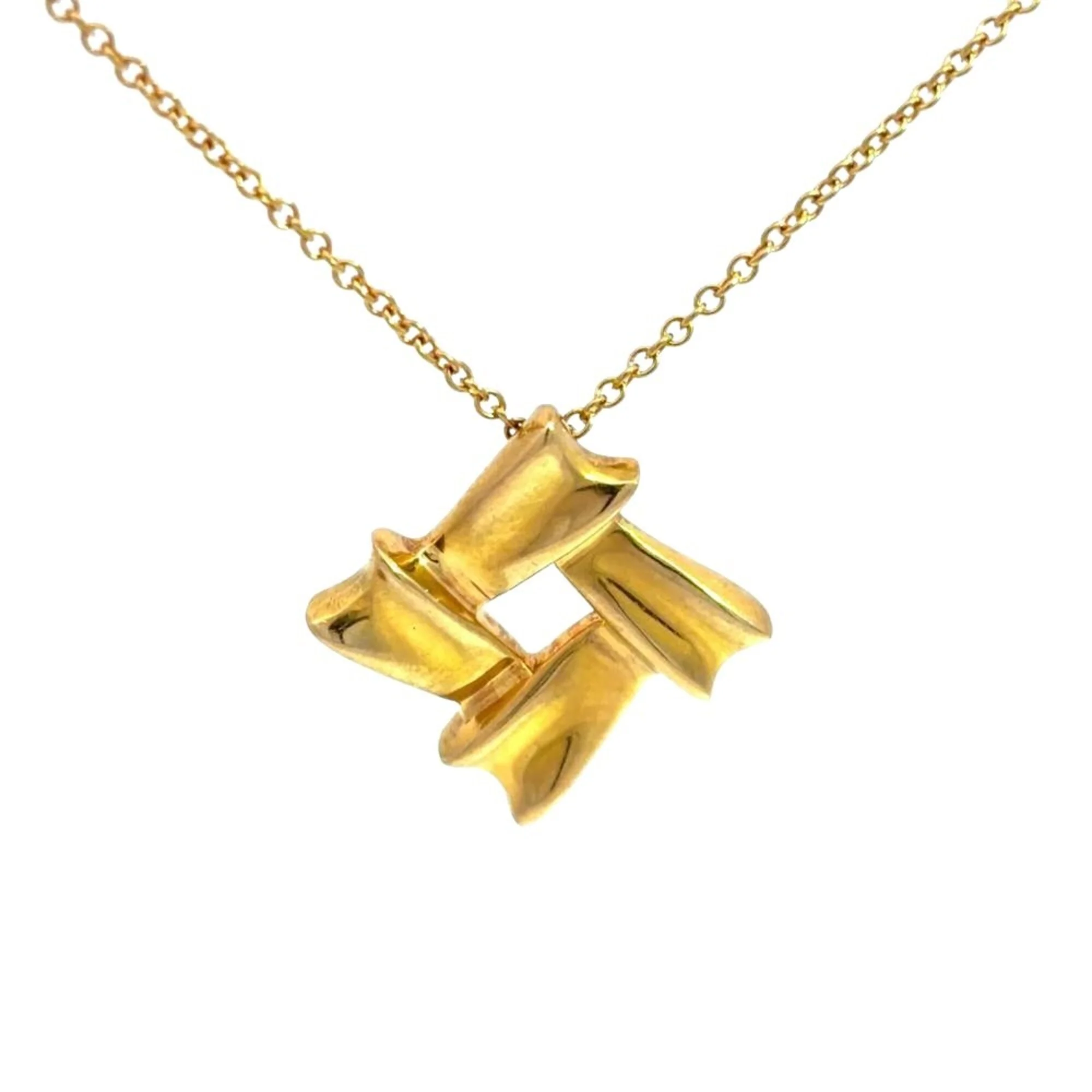 Bow Ribbon Square Pendant Necklace 18K Yellow Gold