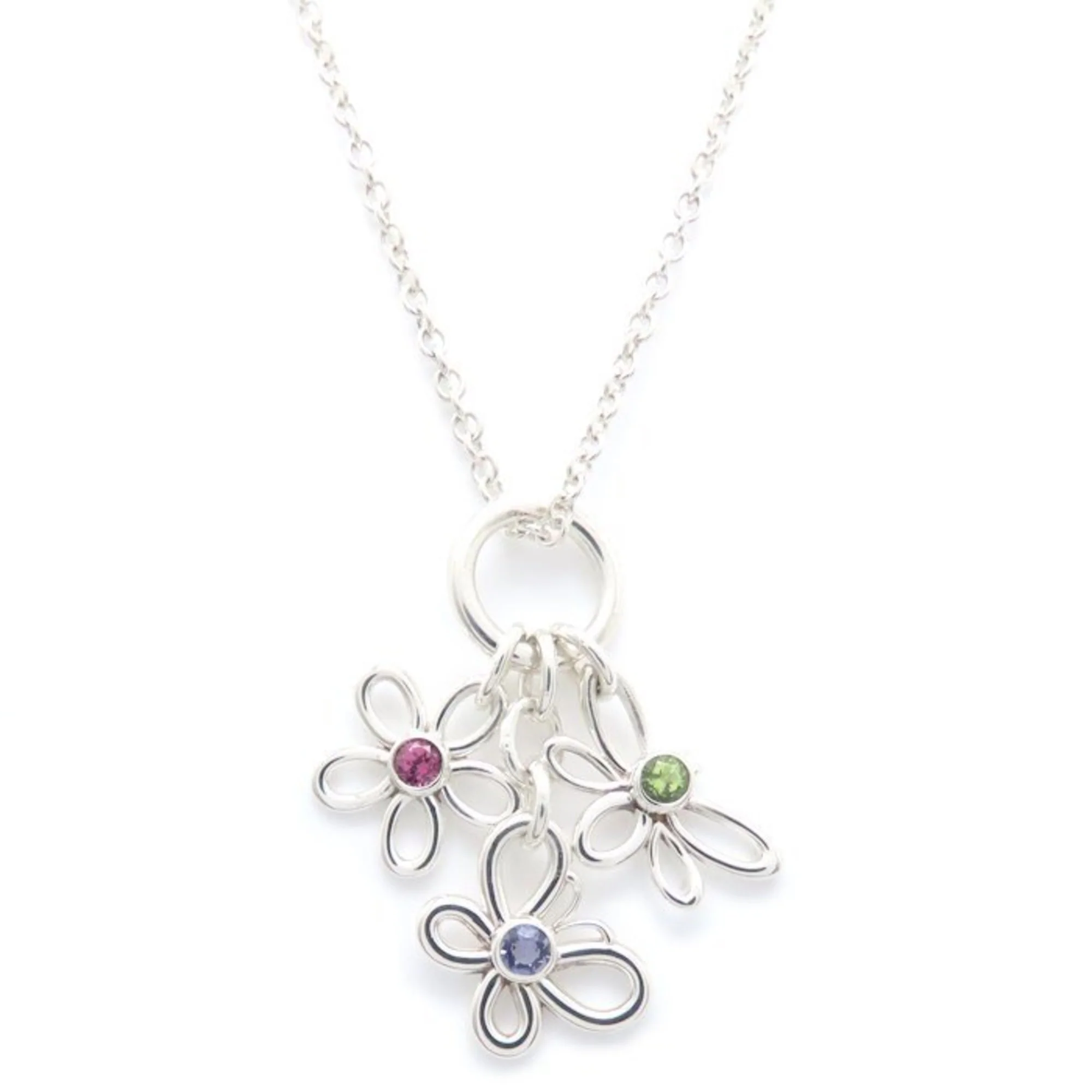 Flower Butterfly Bee Pendant Necklace Sterling Silver with Multicolored Stones