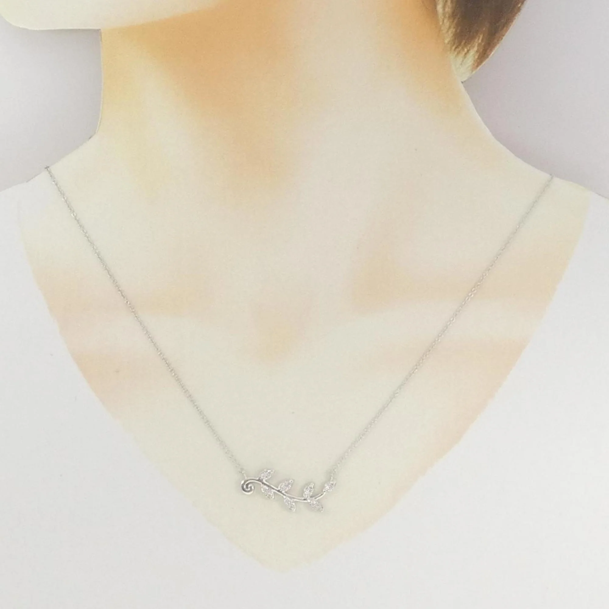 Olive Leaf Pendant Necklace 18K White Gold With Diamond - Image 6