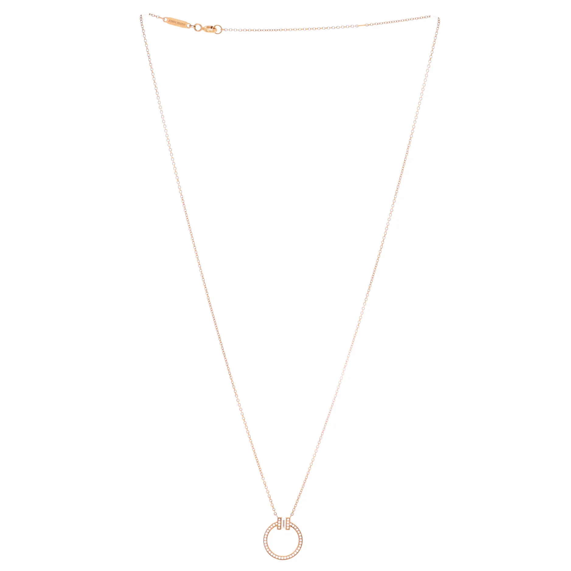 T Circle Pendant Necklace 18K Rose Gold with Diamonds and Center Baguette Diamond Small - Image 2