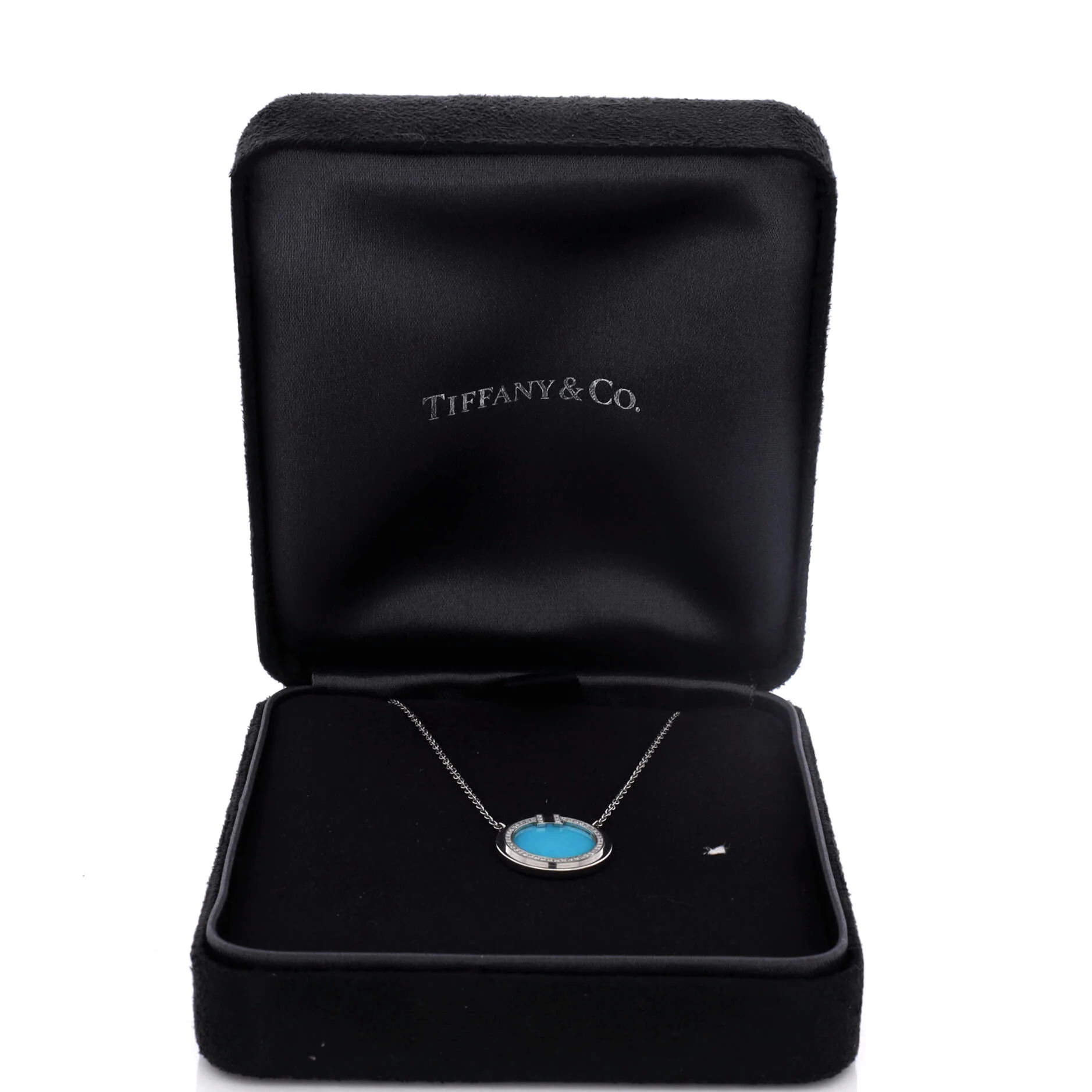 T Circle Pendant Necklace 18K White Gold with Turquoise and Diamonds Large - Image 2