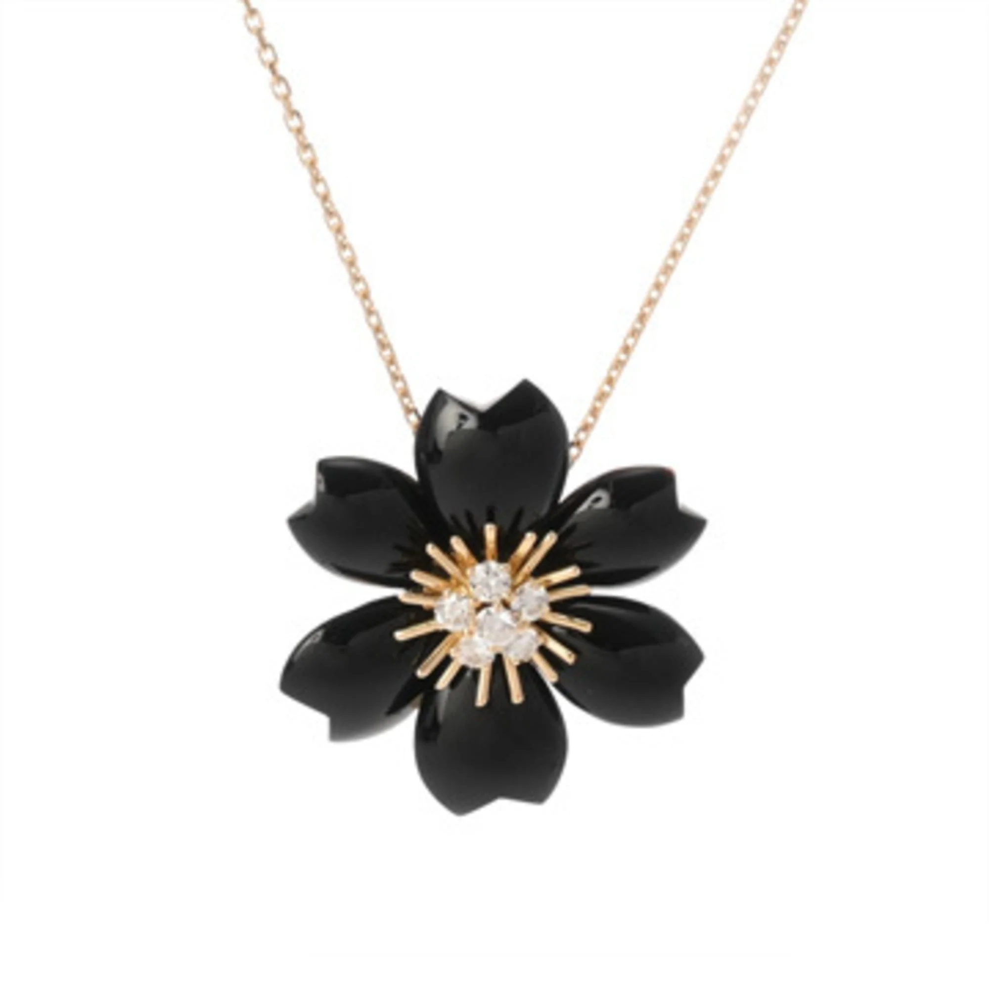 Rose de Noël Pendant Necklace 18K Yellow Gold Small with Diamond and Onyx