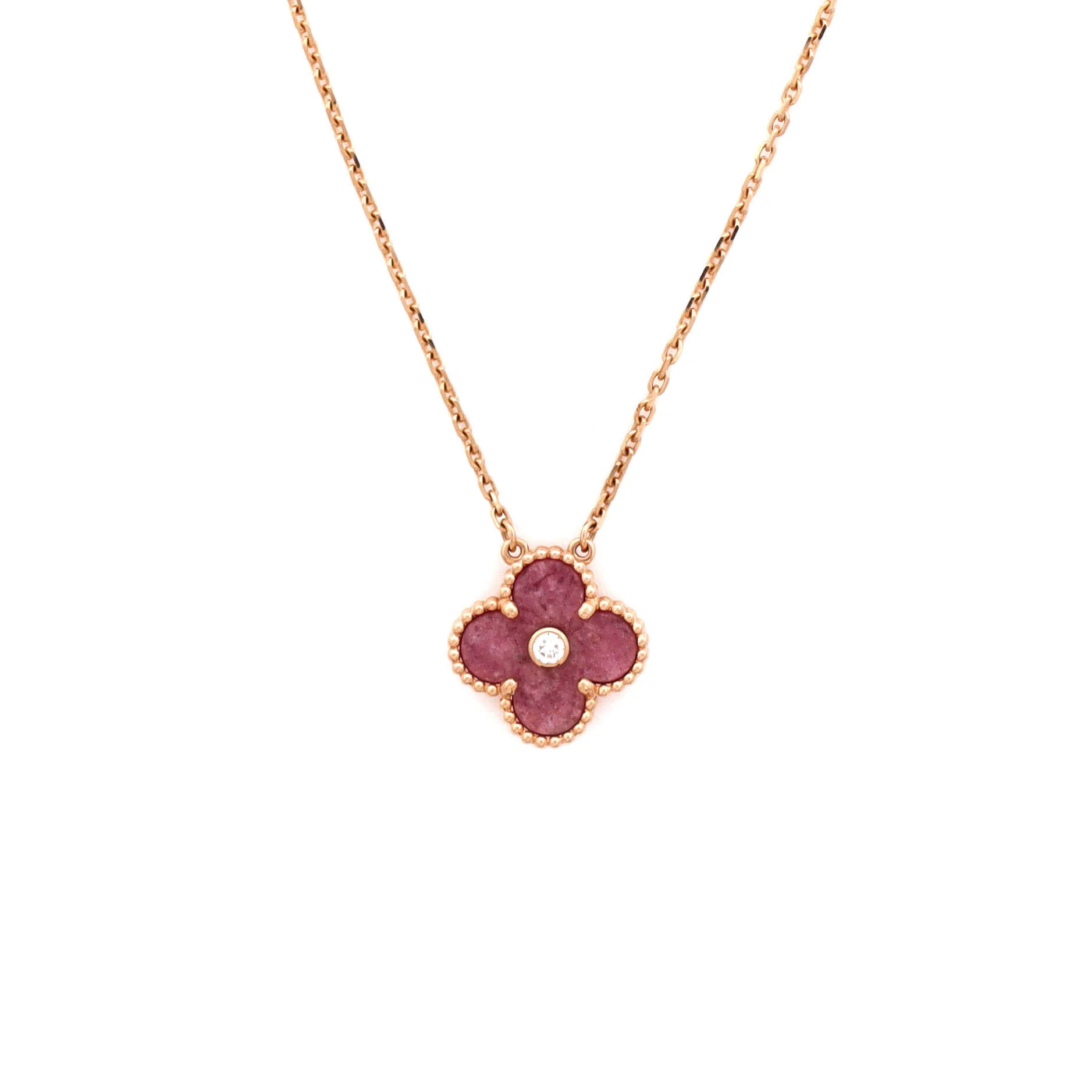 Vintage Alhambra Pendant Necklace 18K Rose Gold and Rhodonite with Diamond