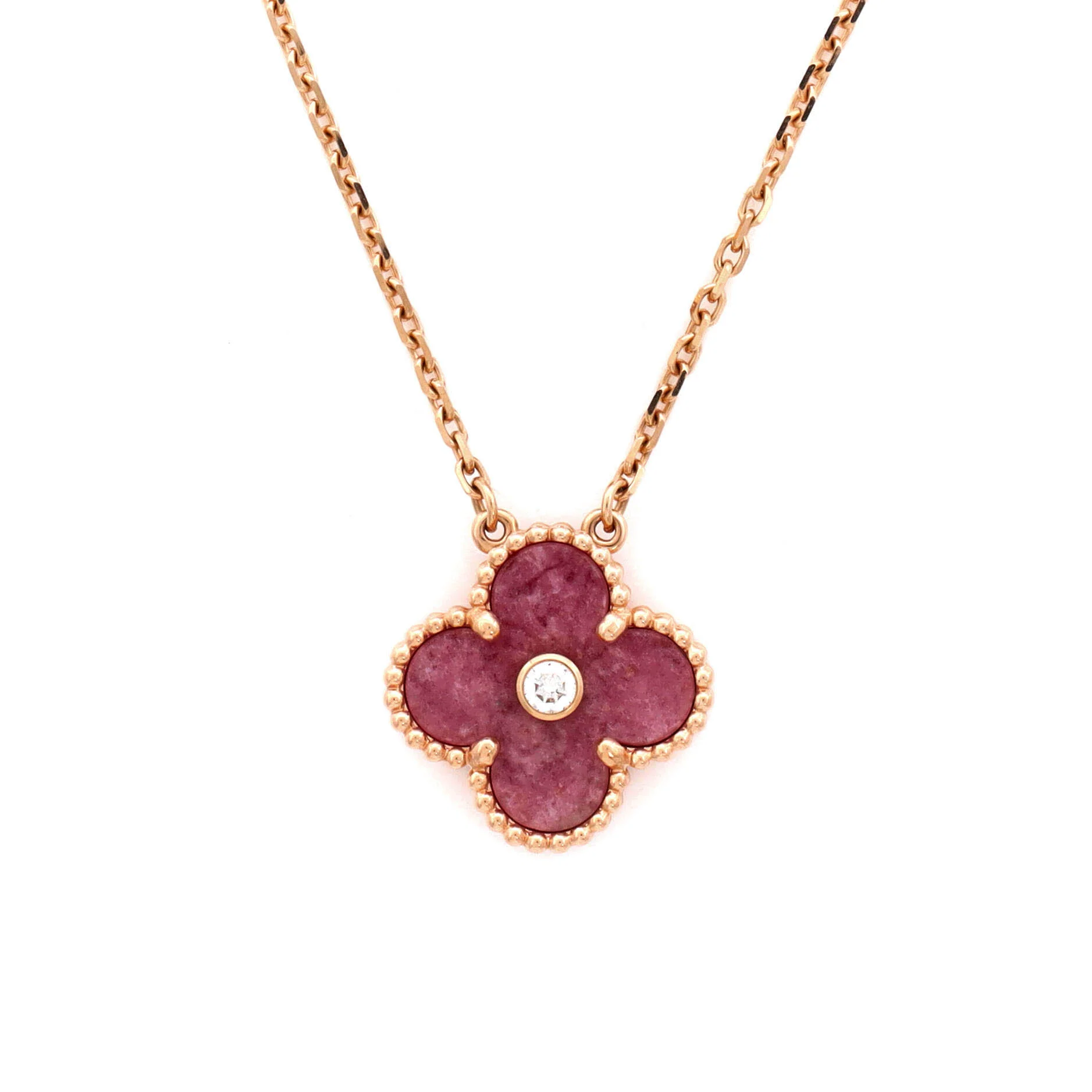 Vintage Alhambra Pendant Necklace 18K Rose Gold and Rhodonite with Diamond - Image 3