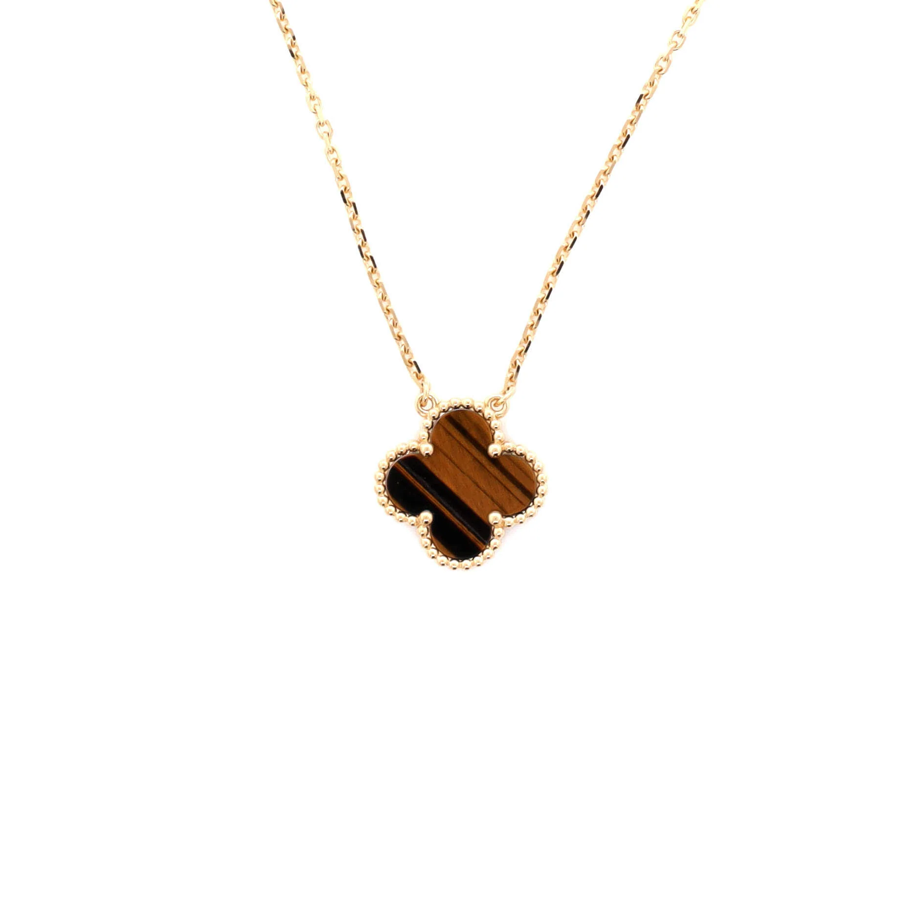 Vintage Alhambra Pendant Necklace 18K Yellow Gold and Tiger Eye