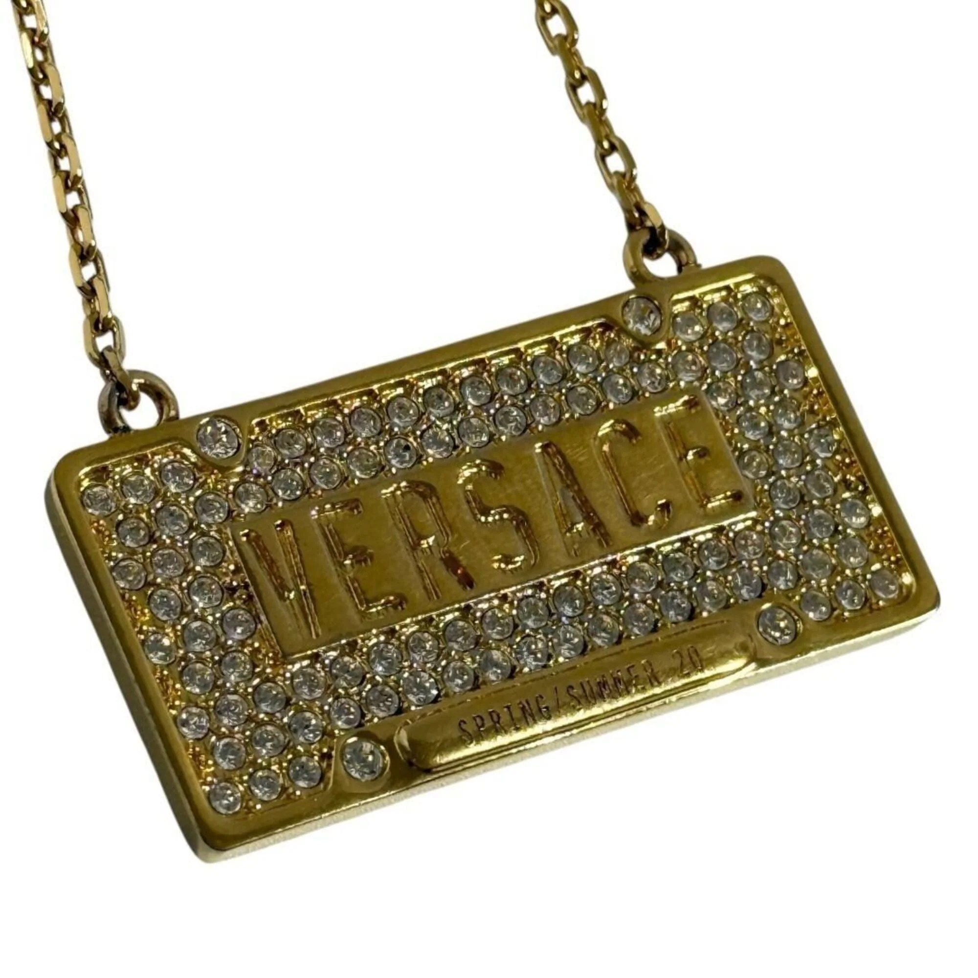 Pendant Necklace Metal and Rhinestone License Plate Motif