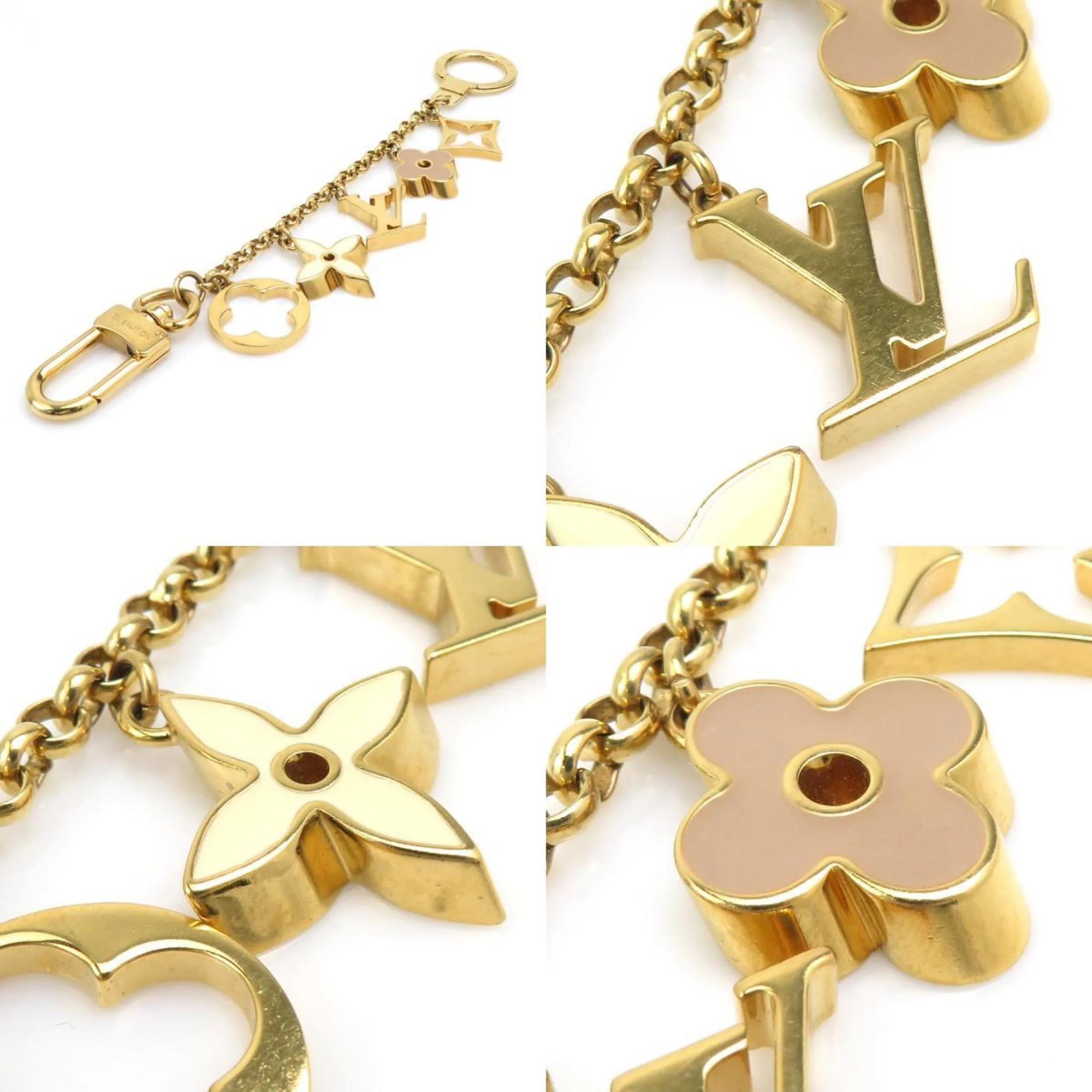Fleur de Monogram Charm Enamel and Metal Beige Gold Off-White Handbag Charm - Image 4
