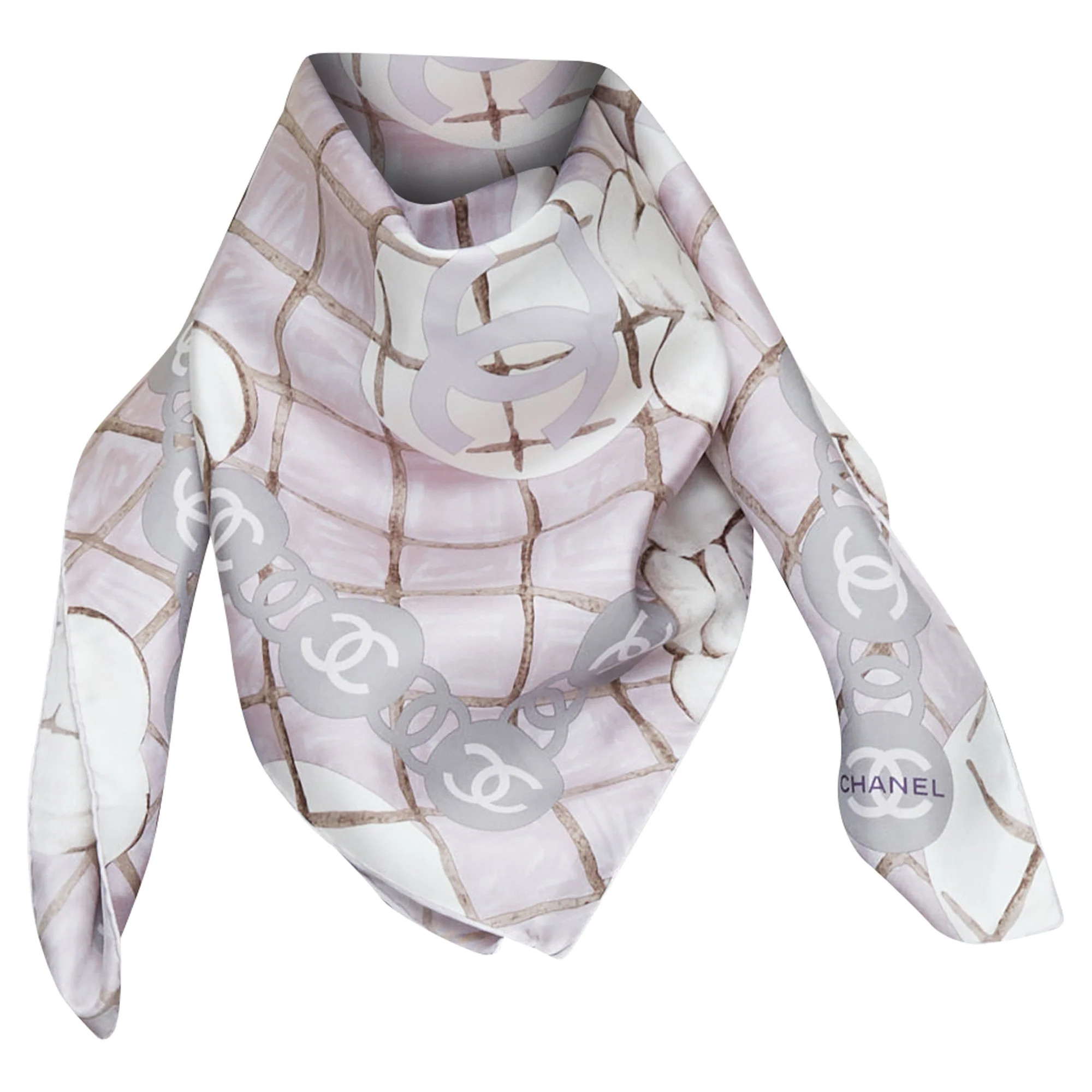 CHANEL 100% silk pink grey CC logo camellia flowers checkered pearl scarf 85cm