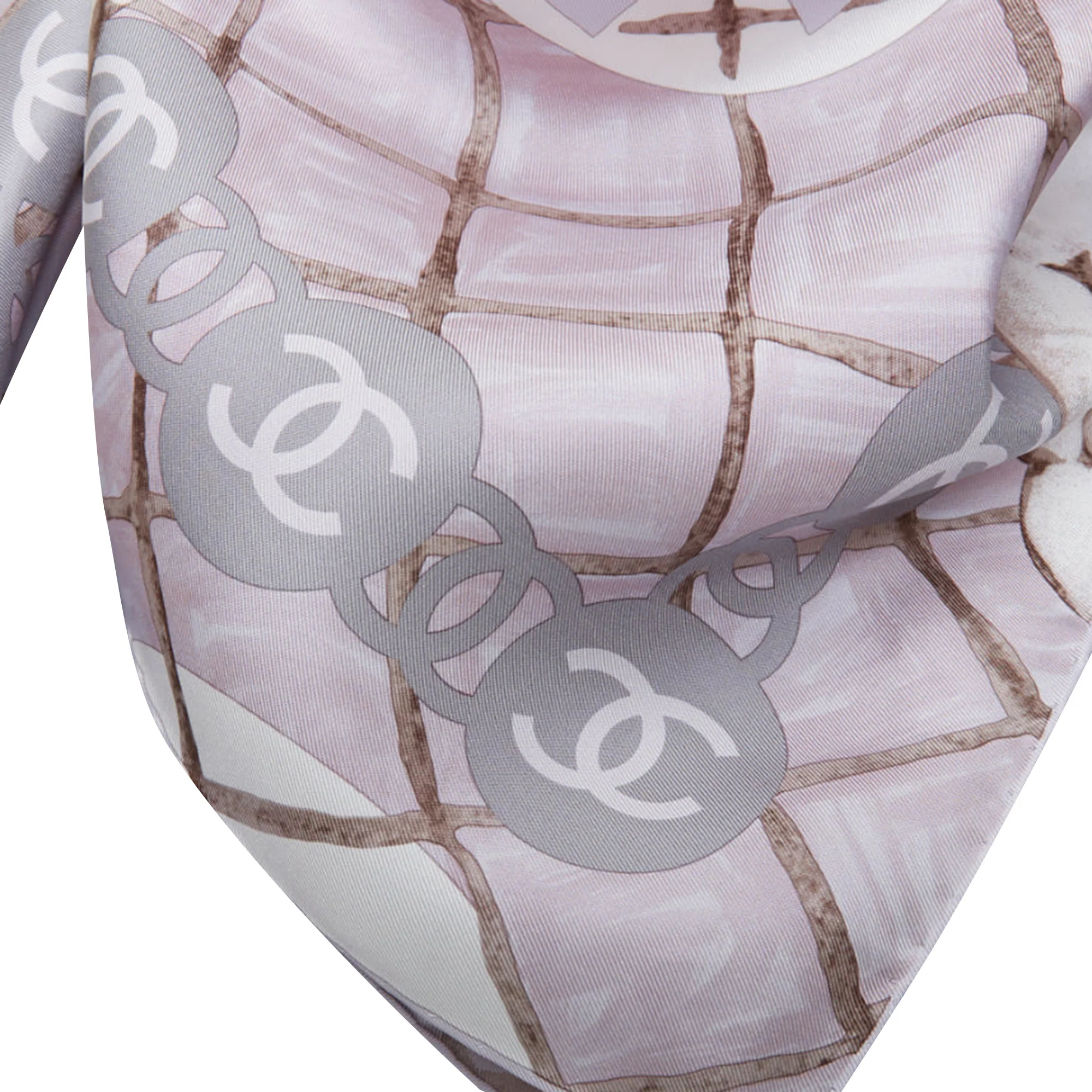 CHANEL 100% silk pink grey CC logo camellia flowers checkered pearl scarf 85cm - Image 7