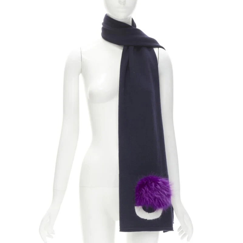 Fendi wool Signature Monster Eyes fur trimmed scarf - Image 7