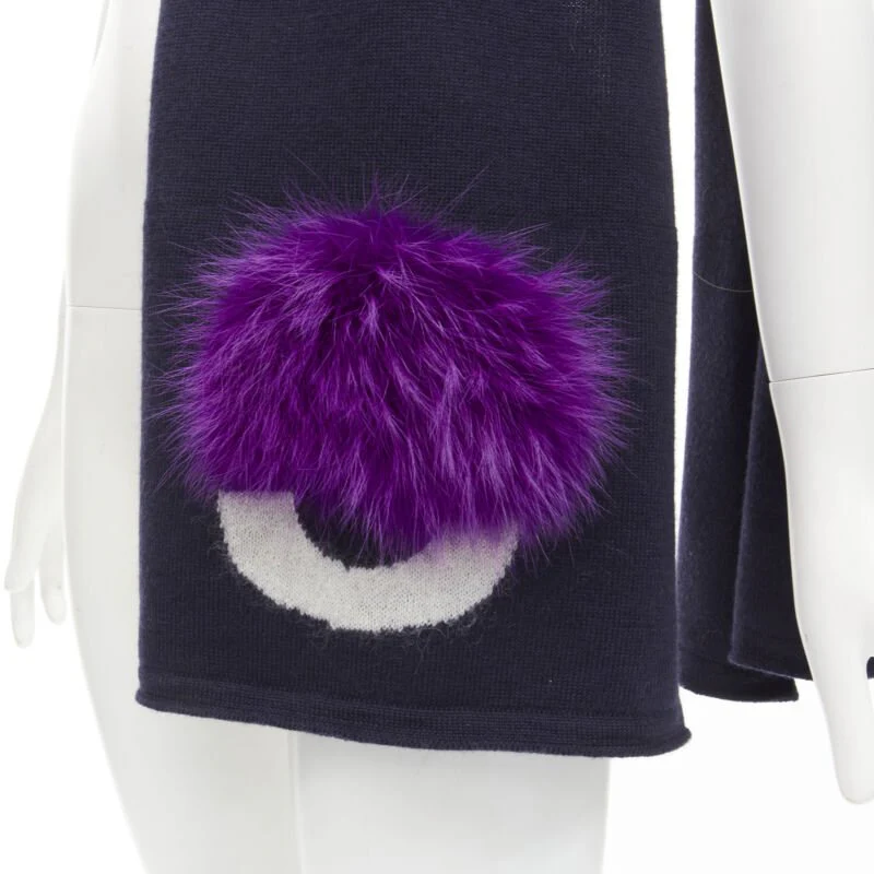 Fendi wool Signature Monster Eyes fur trimmed scarf - Image 8