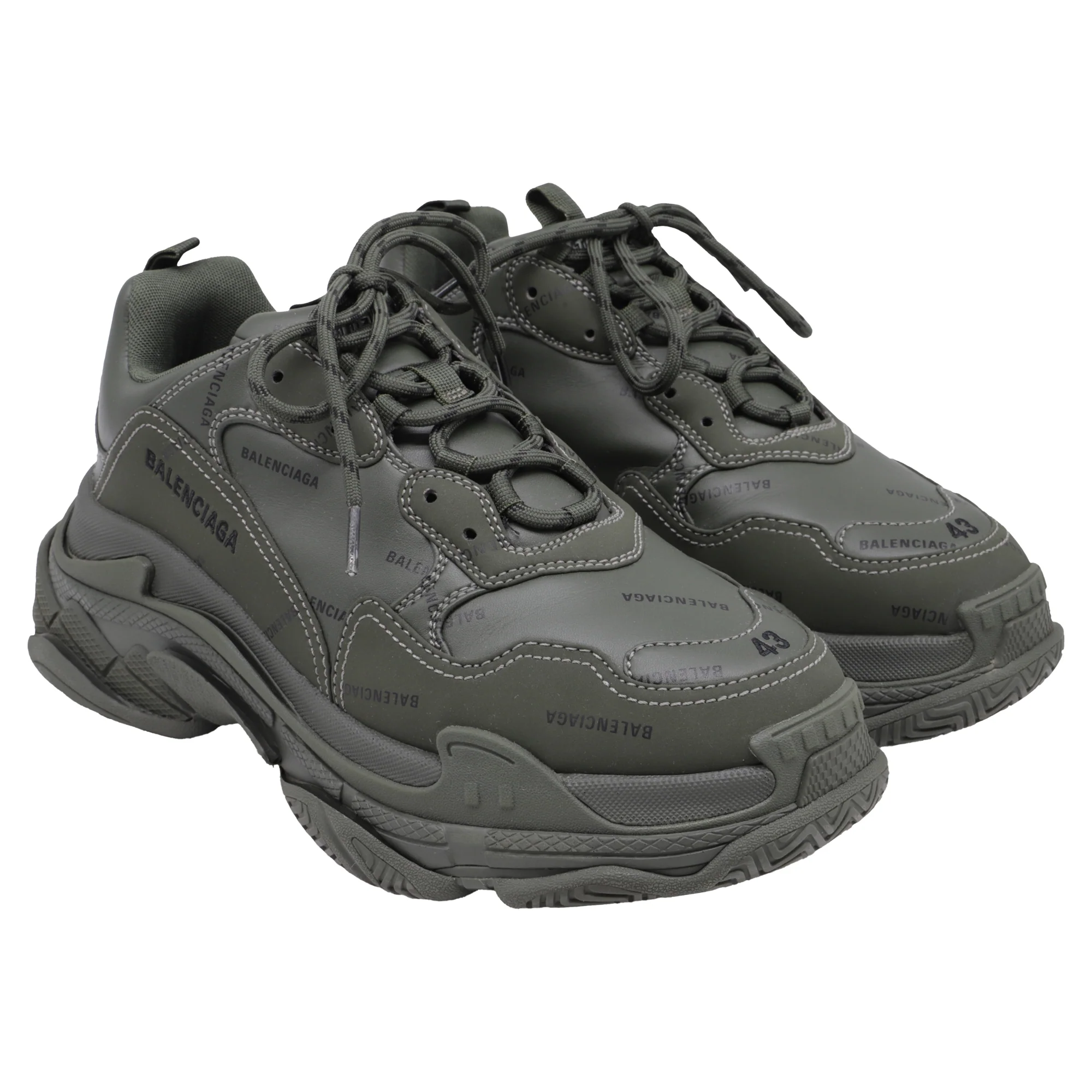 Men's Balenciaga Triple S All Over Logo Sneakers in Khaki Faux Leather - Image 3