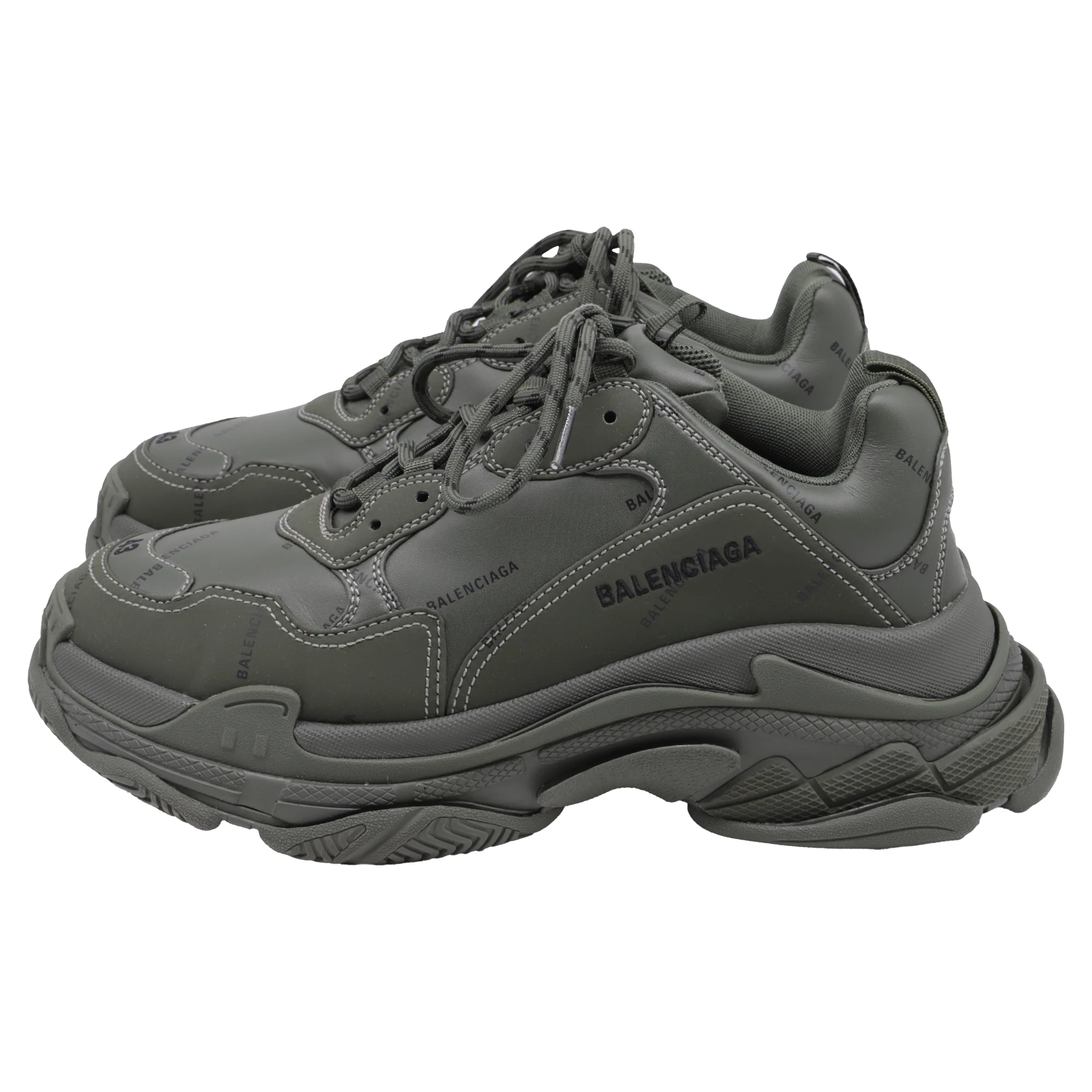 Men's Balenciaga Triple S All Over Logo Sneakers in Khaki Faux Leather - Image 4