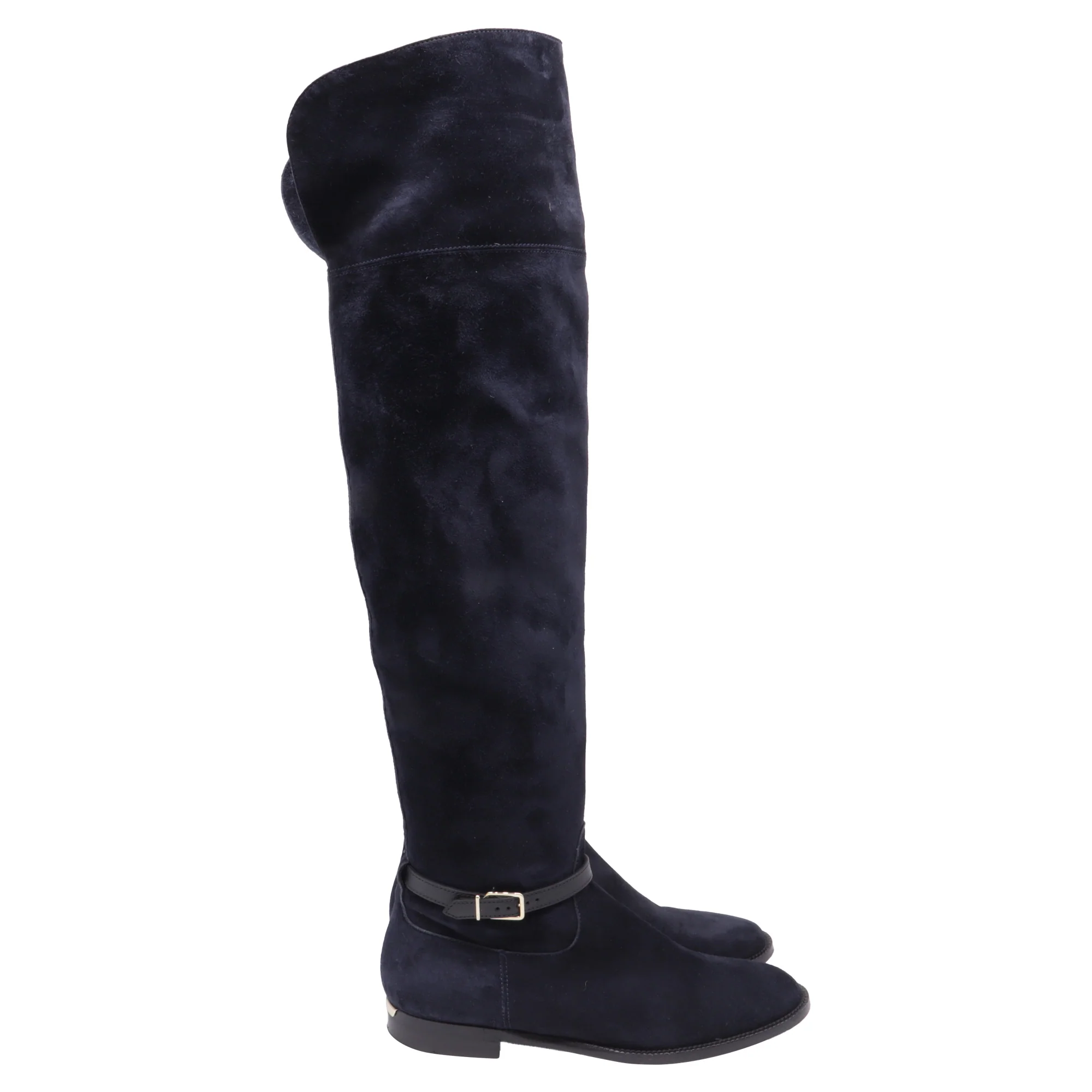 Women's Burberry Buckled Accent Knee-High Boots in Navy Blue Suede