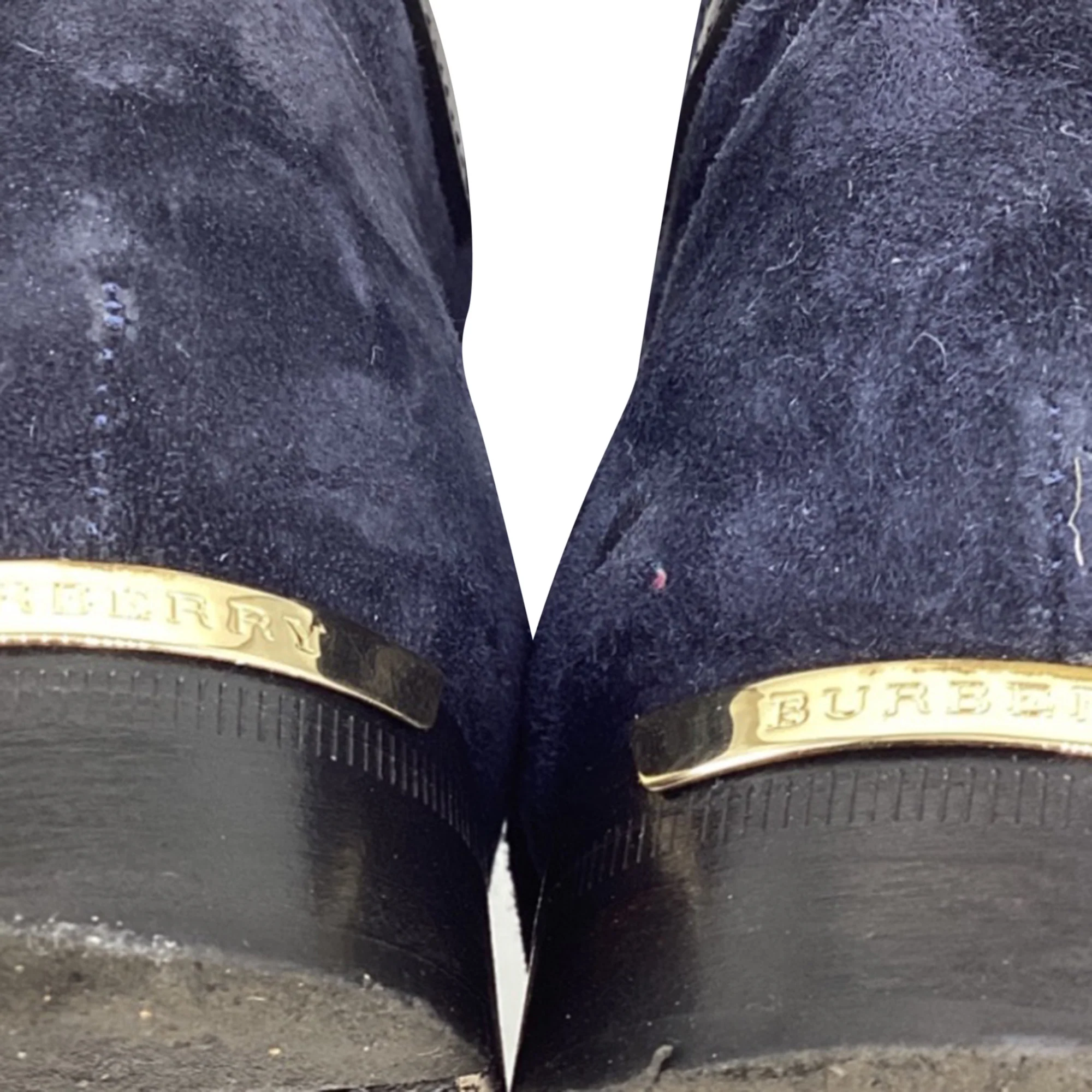 Women's Burberry Buckled Accent Knee-High Boots in Navy Blue Suede - Image 10