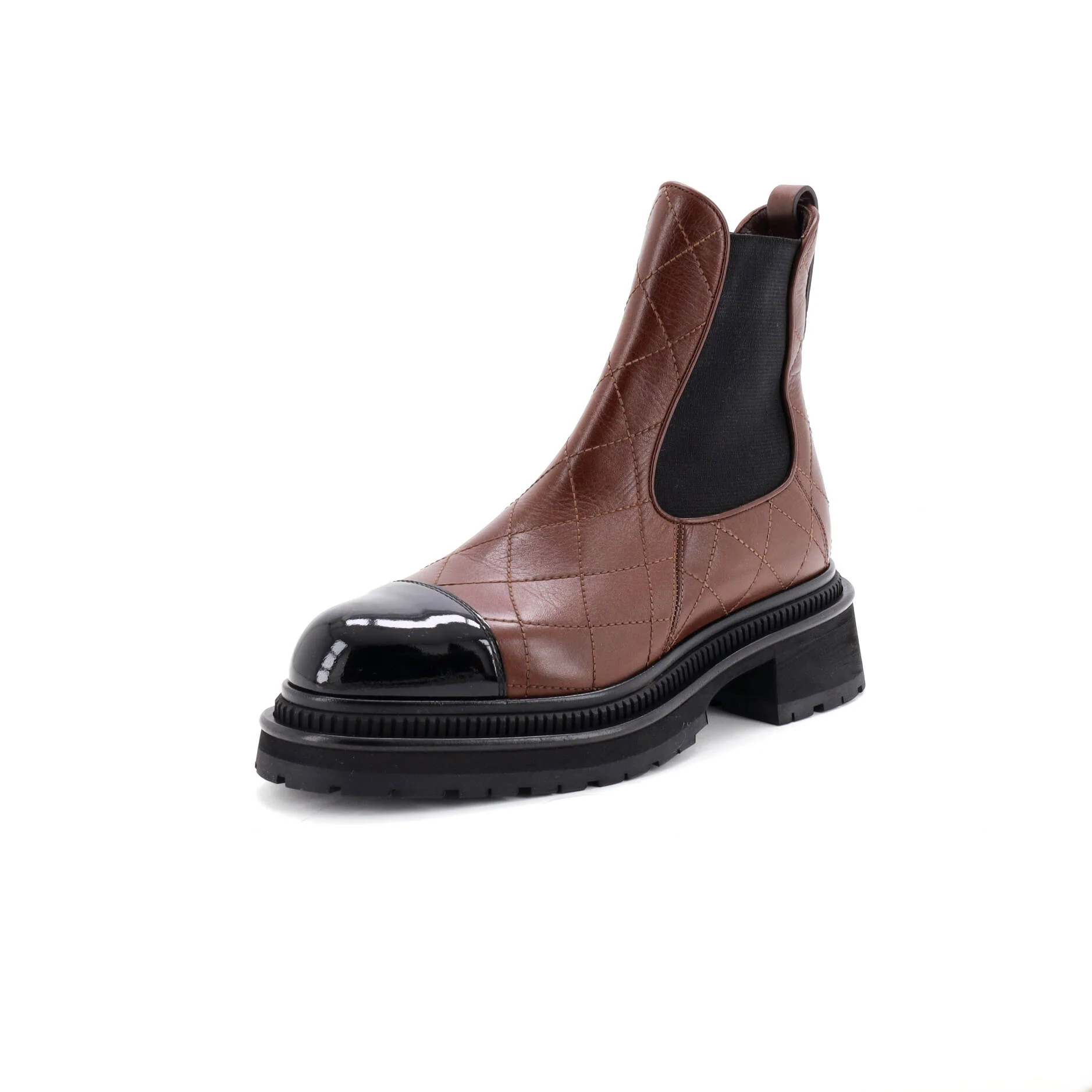 Women's Cap Toe Chelsea Ankle Boots Quilted Leather with Patent