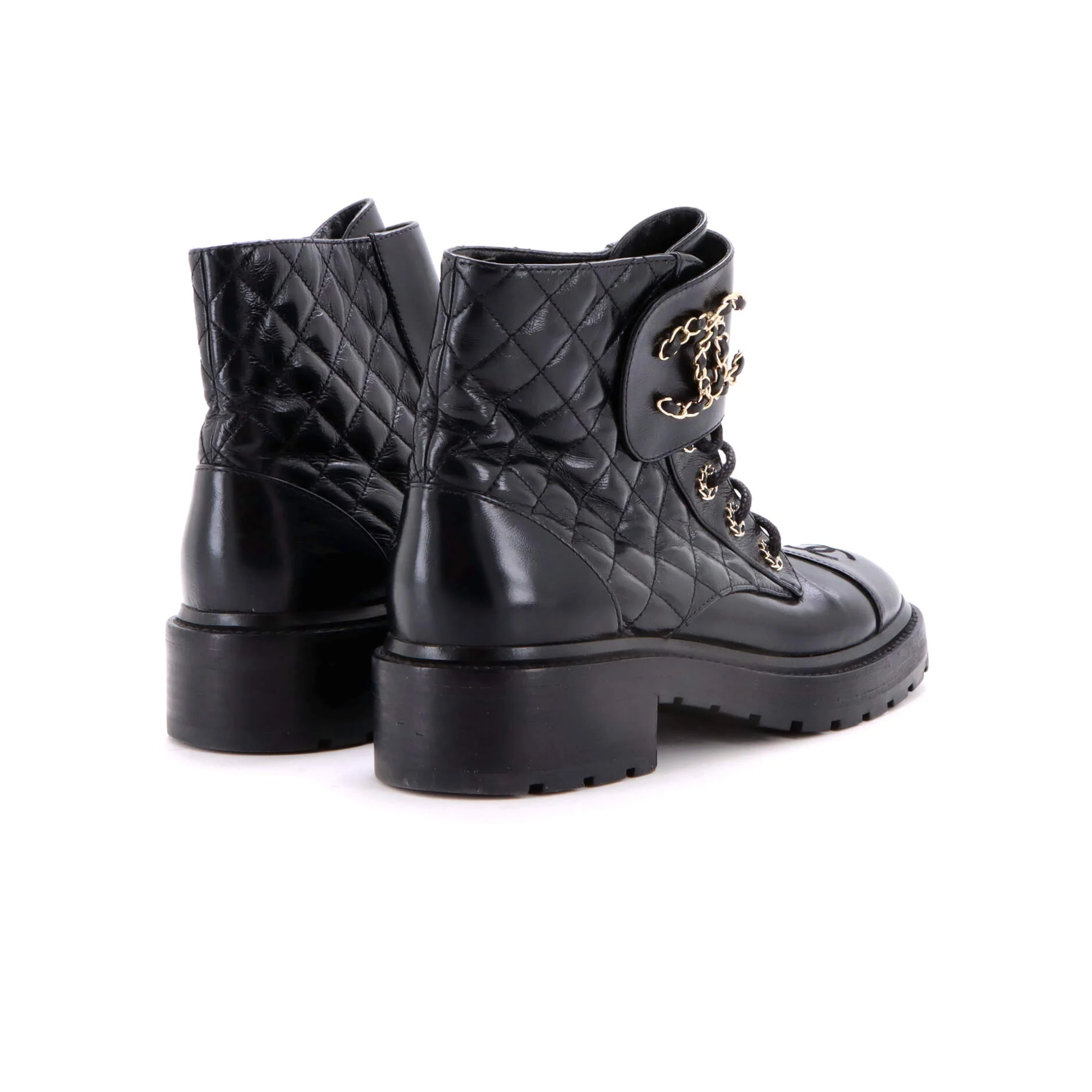 Women's Chain CC Cap Toe Lace Up Combat Boots Quilted Shiny Calfskin - Image 3