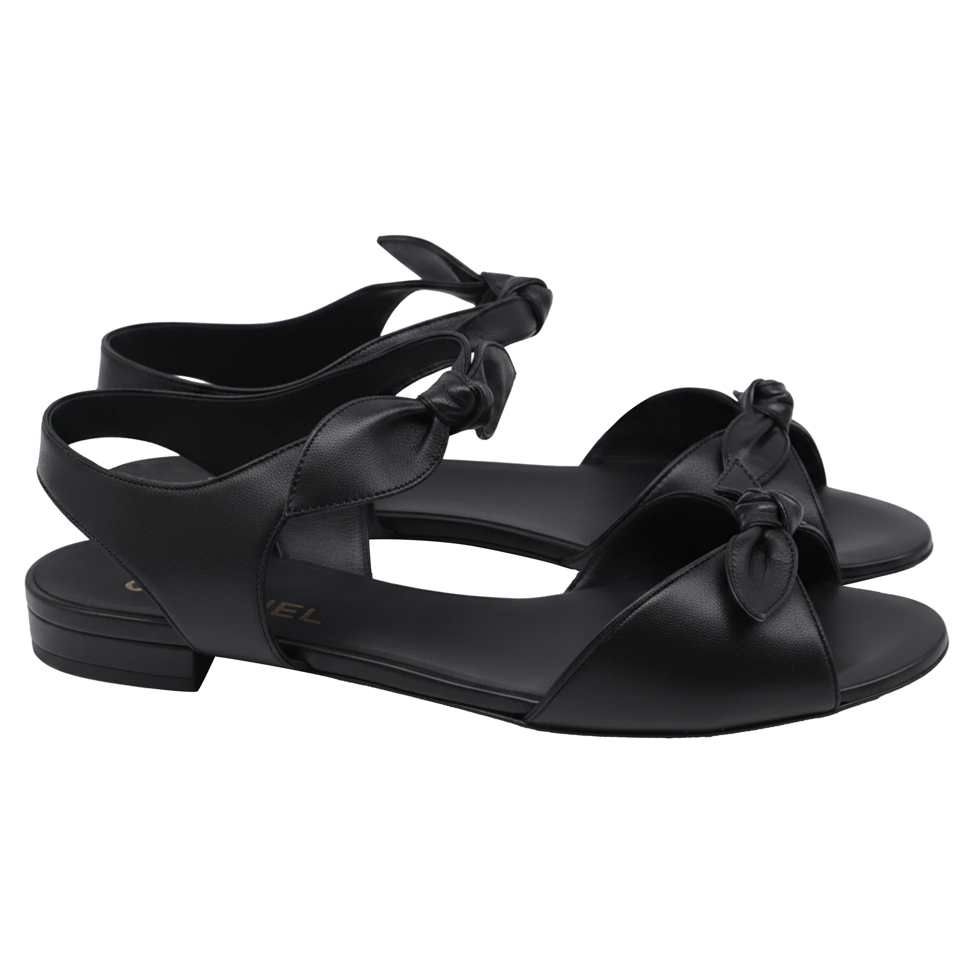Women's Chanel Bow Ankle Strap Flat Sandals in Black Leather