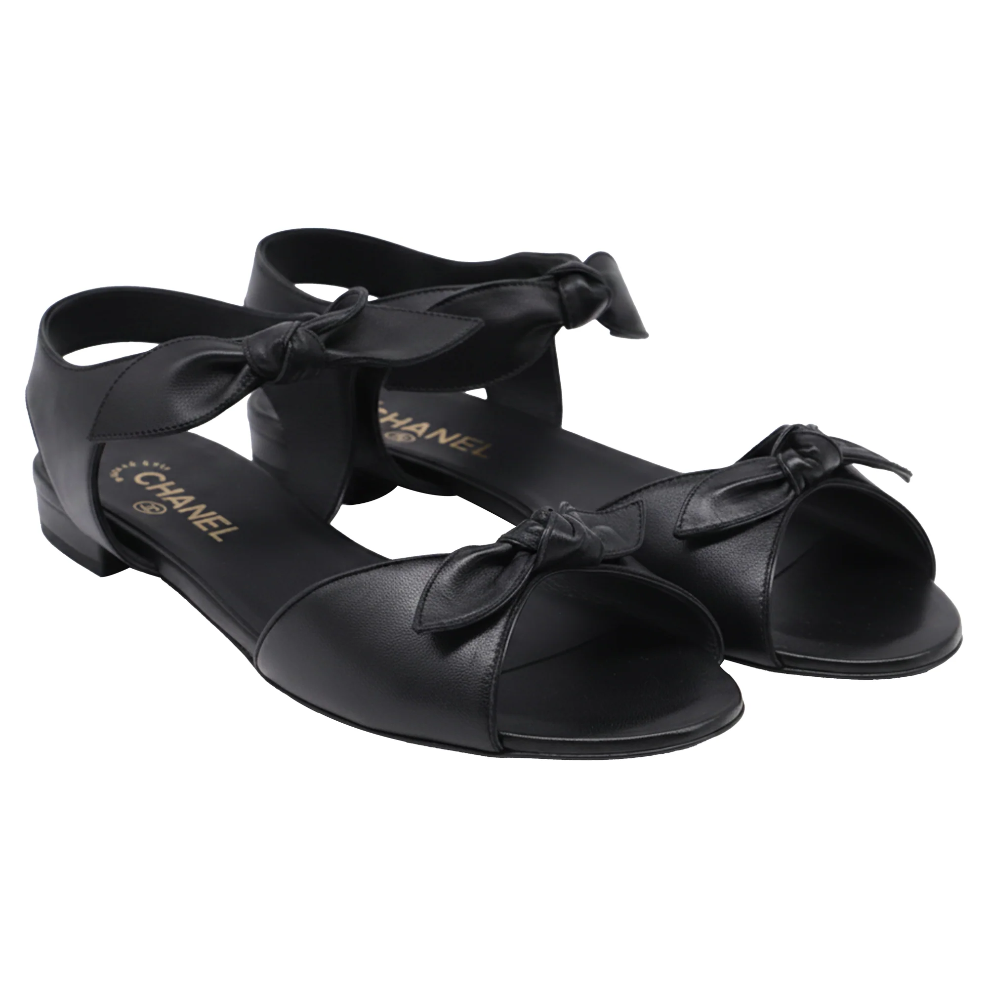 Women's Chanel Bow Ankle Strap Flat Sandals in Black Leather - Image 3