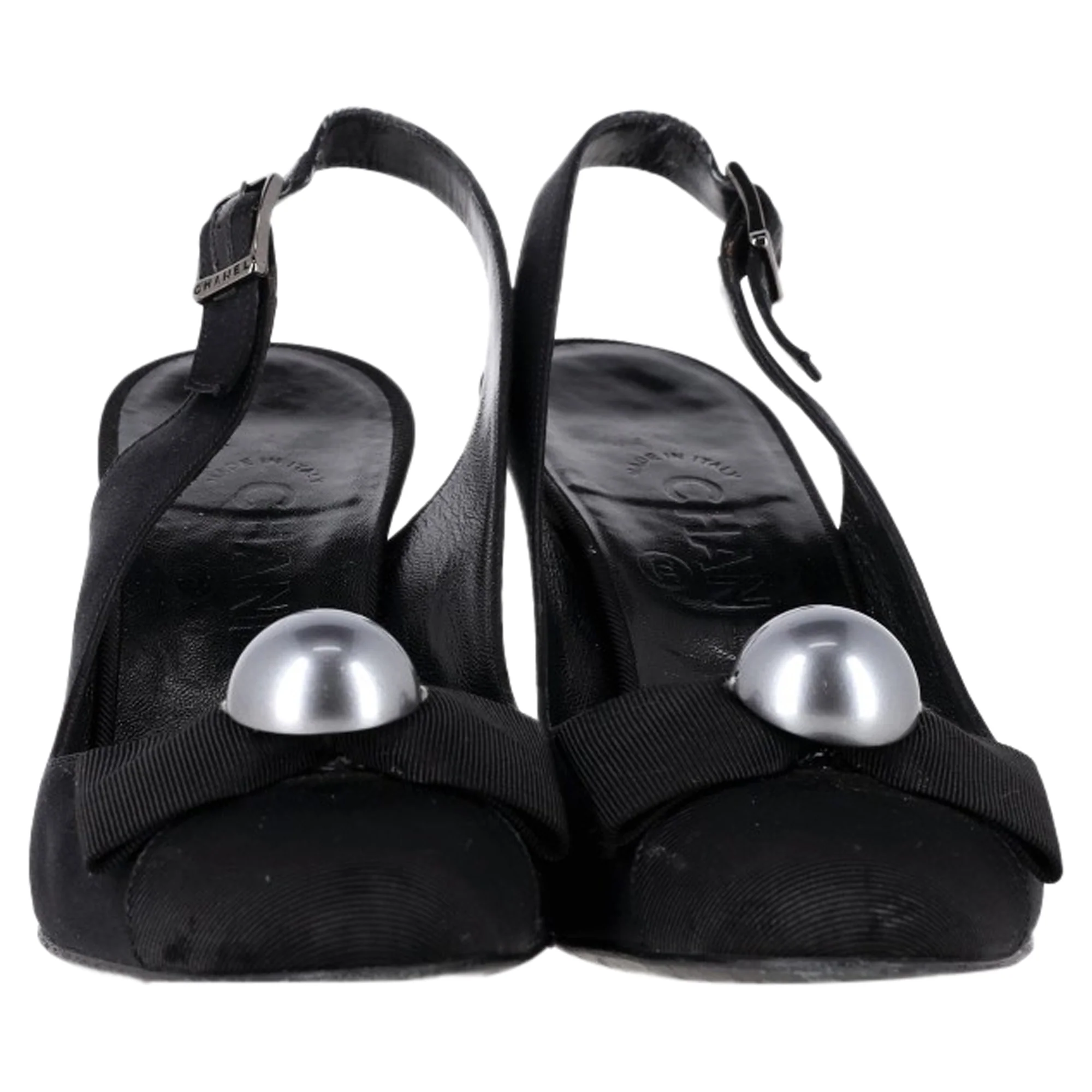 Women's Chanel Bow Pearl Embellished Slingback Pumps in Black Satin - Image 2