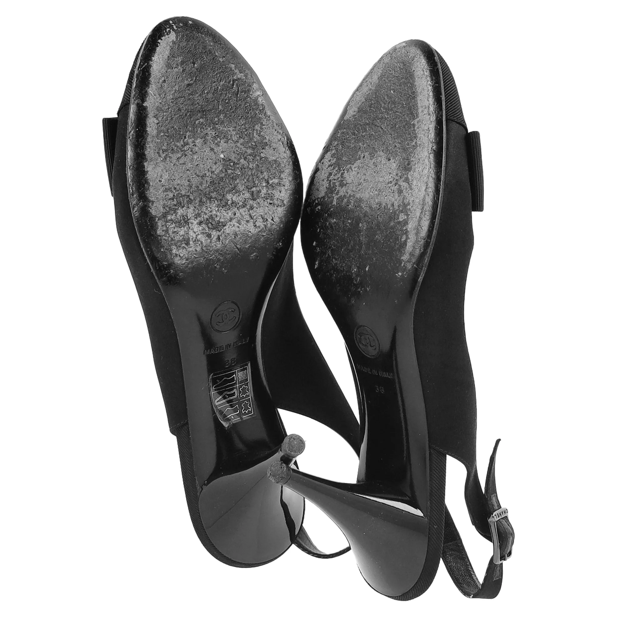 Women's Chanel Bow Pearl Embellished Slingback Pumps in Black Satin - Image 6